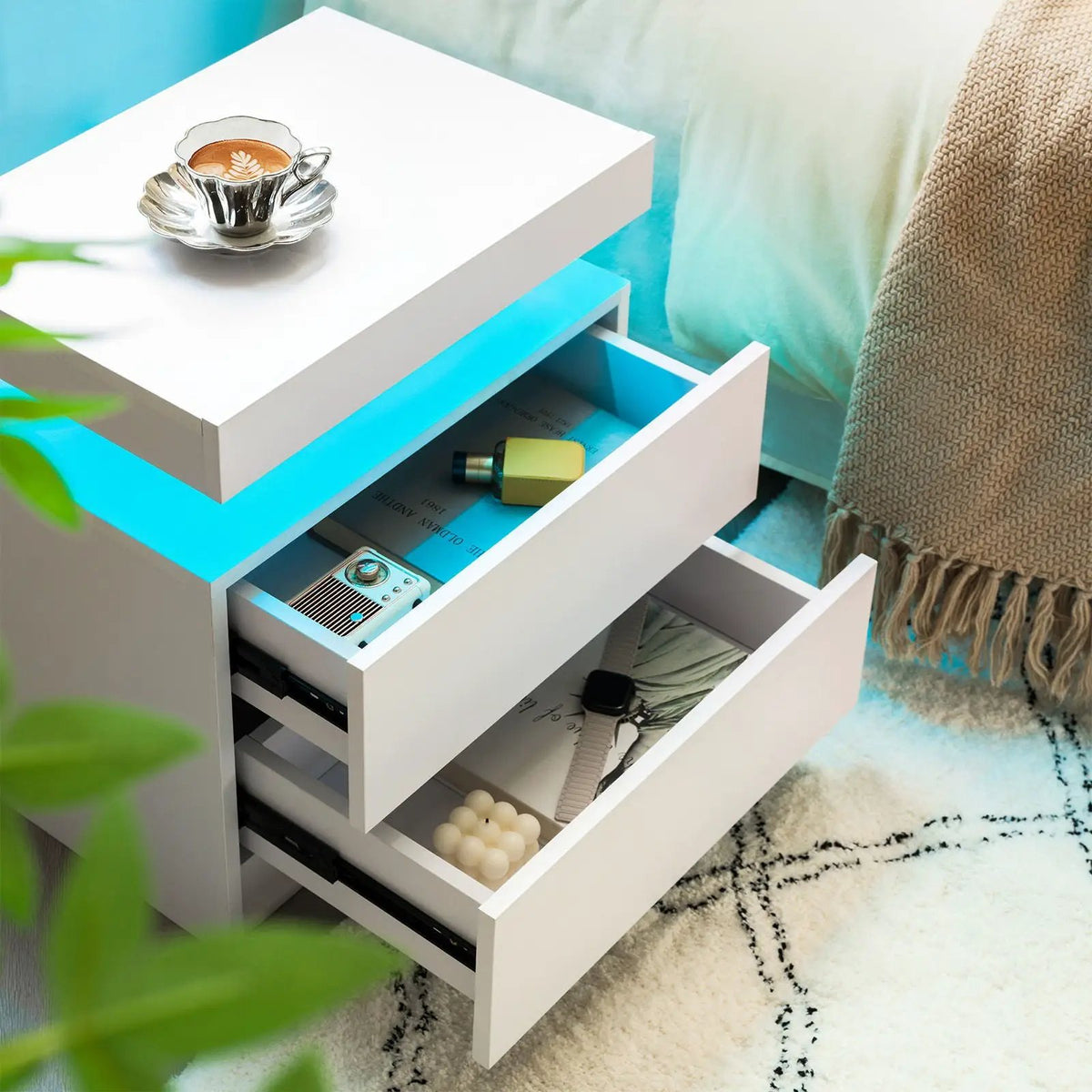 Modern Bedside Table | Adjustable LED Lights | Two Drawers | White