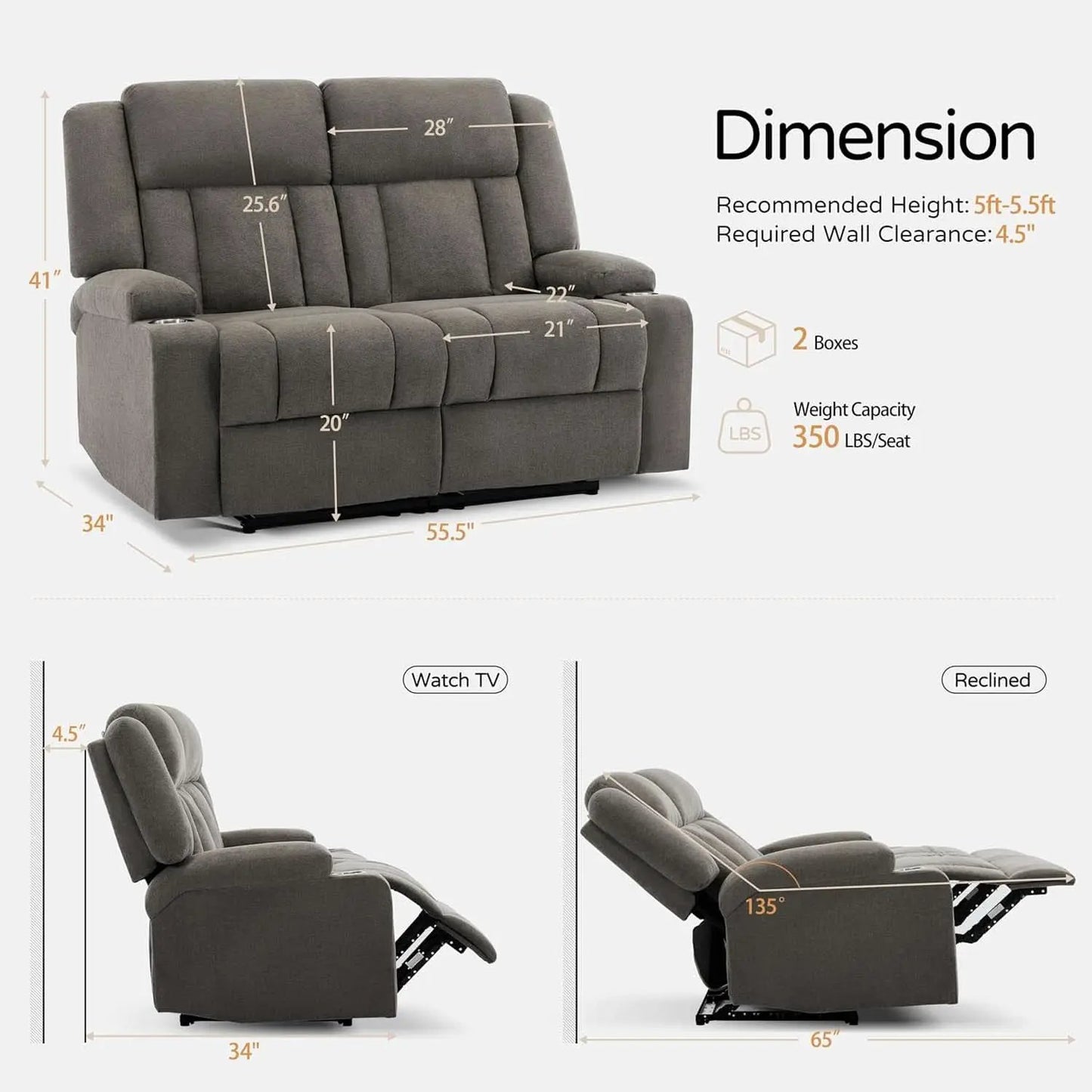 Manual Fabric Recliner Loveseat Sofa With Cup Holders 2 Seater Light Brown from PriceLows™