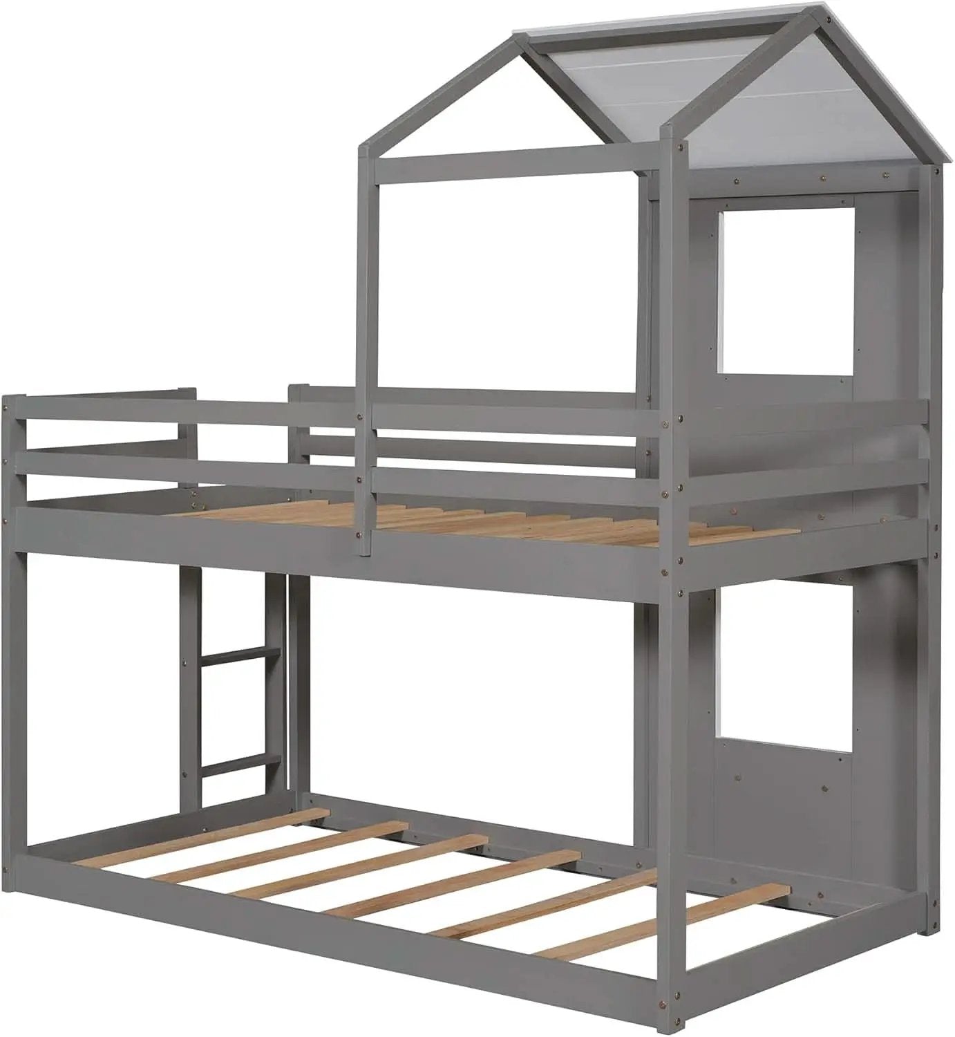 Twin Over Twin House Bunk Bed With Roof And Ladders Grey from PriceLows™