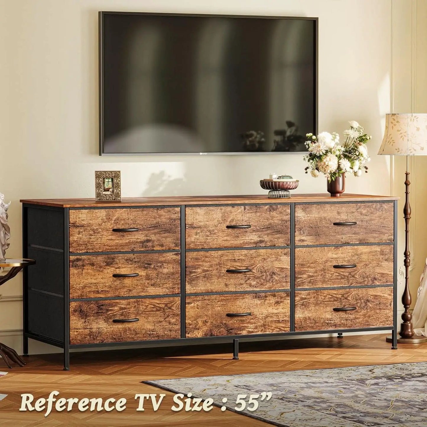 55 Inch Dresser TV Stand With 9 Fabric Drawers Rustic Brown from PriceLows™