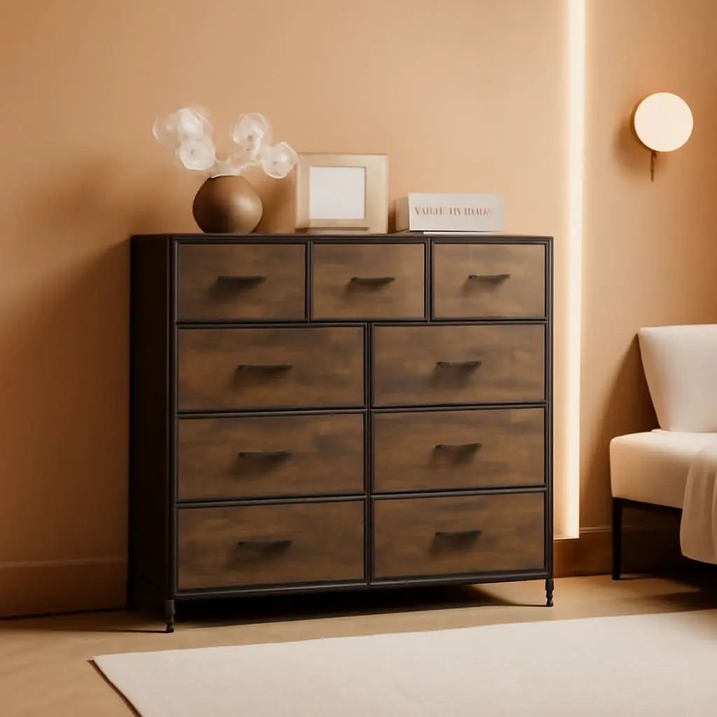 Dark Grey Chest Of Drawers With Wood Top For Bedroom Storage from PriceLows™