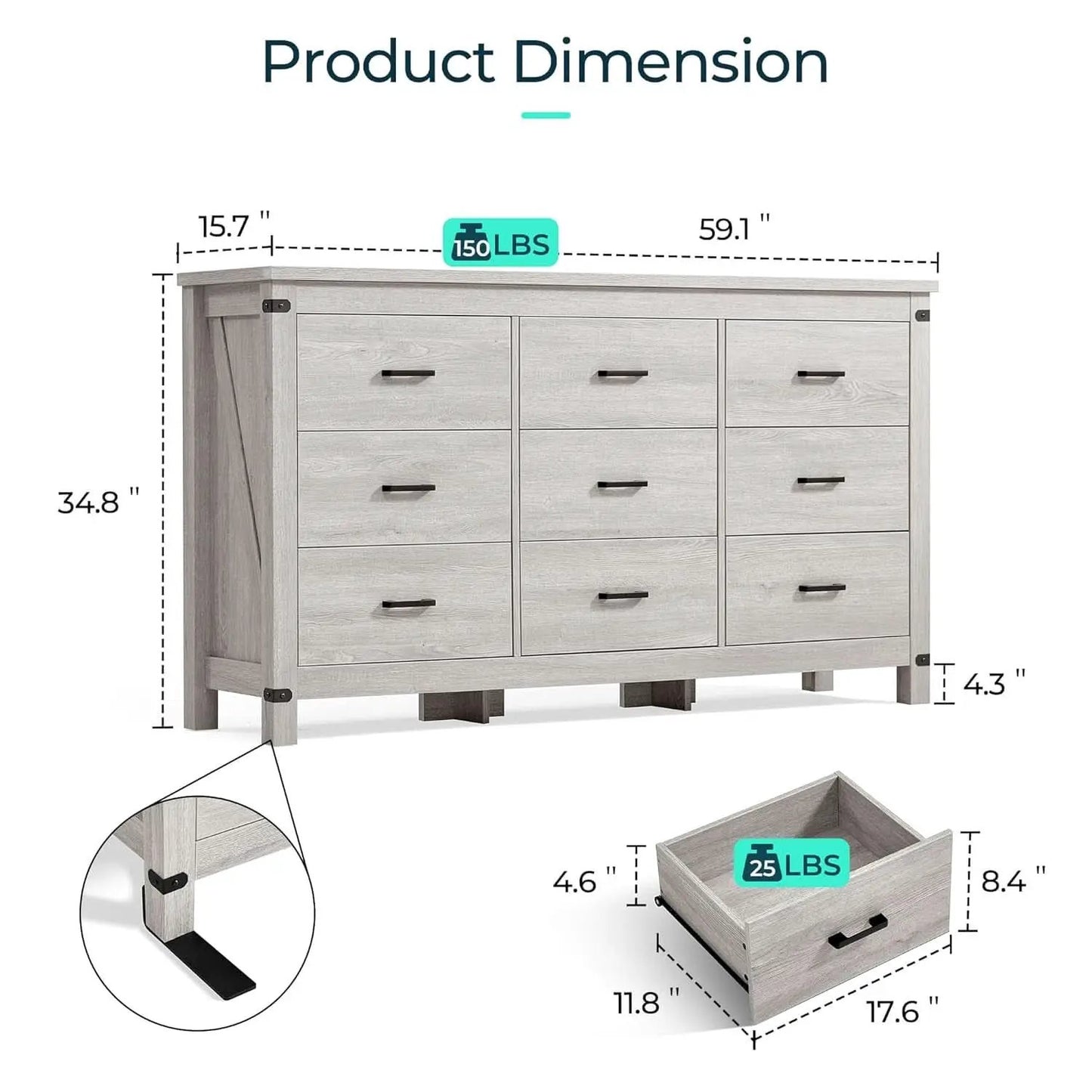 59 Inch Washed Grey Modern Farmhouse DresserWithNineDrawers from PriceLows™