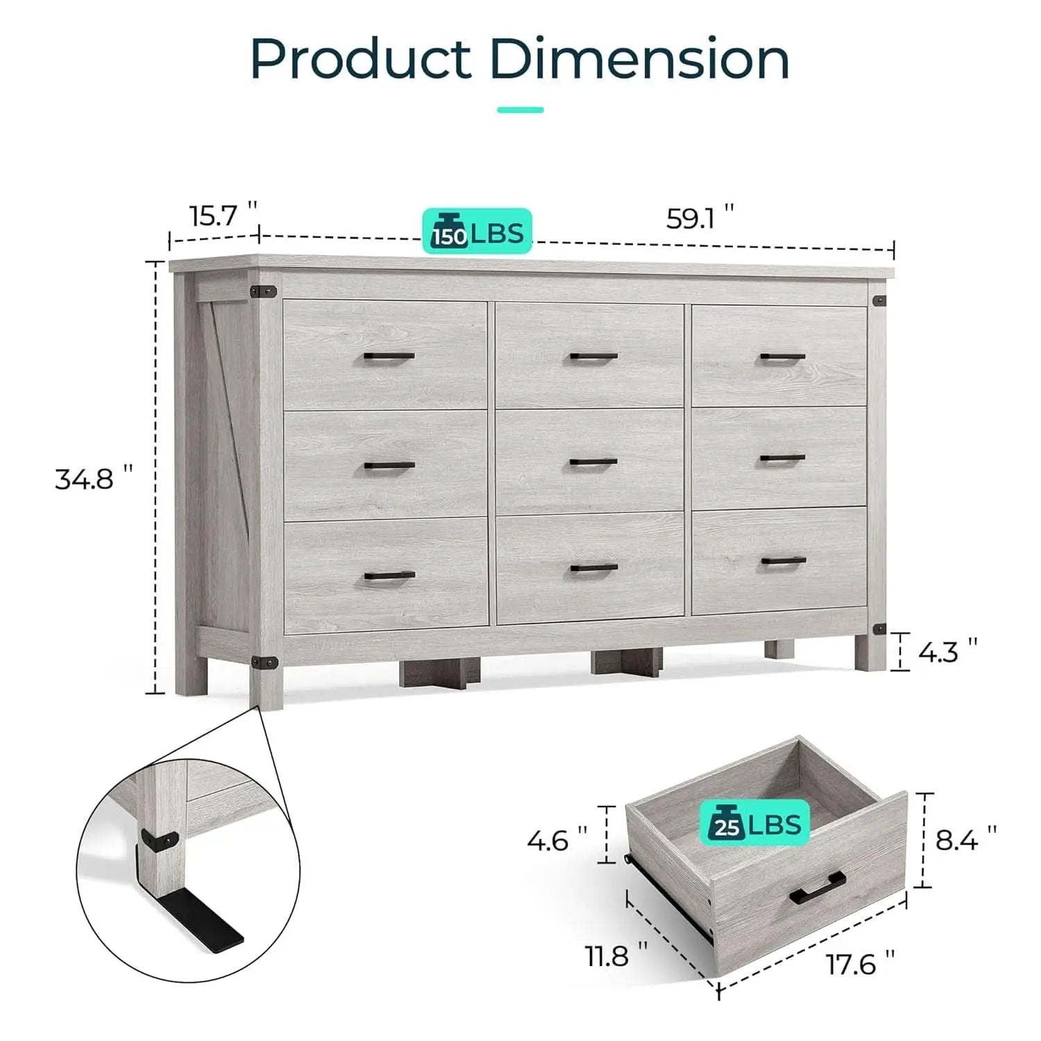59 Inch Washed Grey Modern Farmhouse DresserWithNineDrawers from PriceLows™