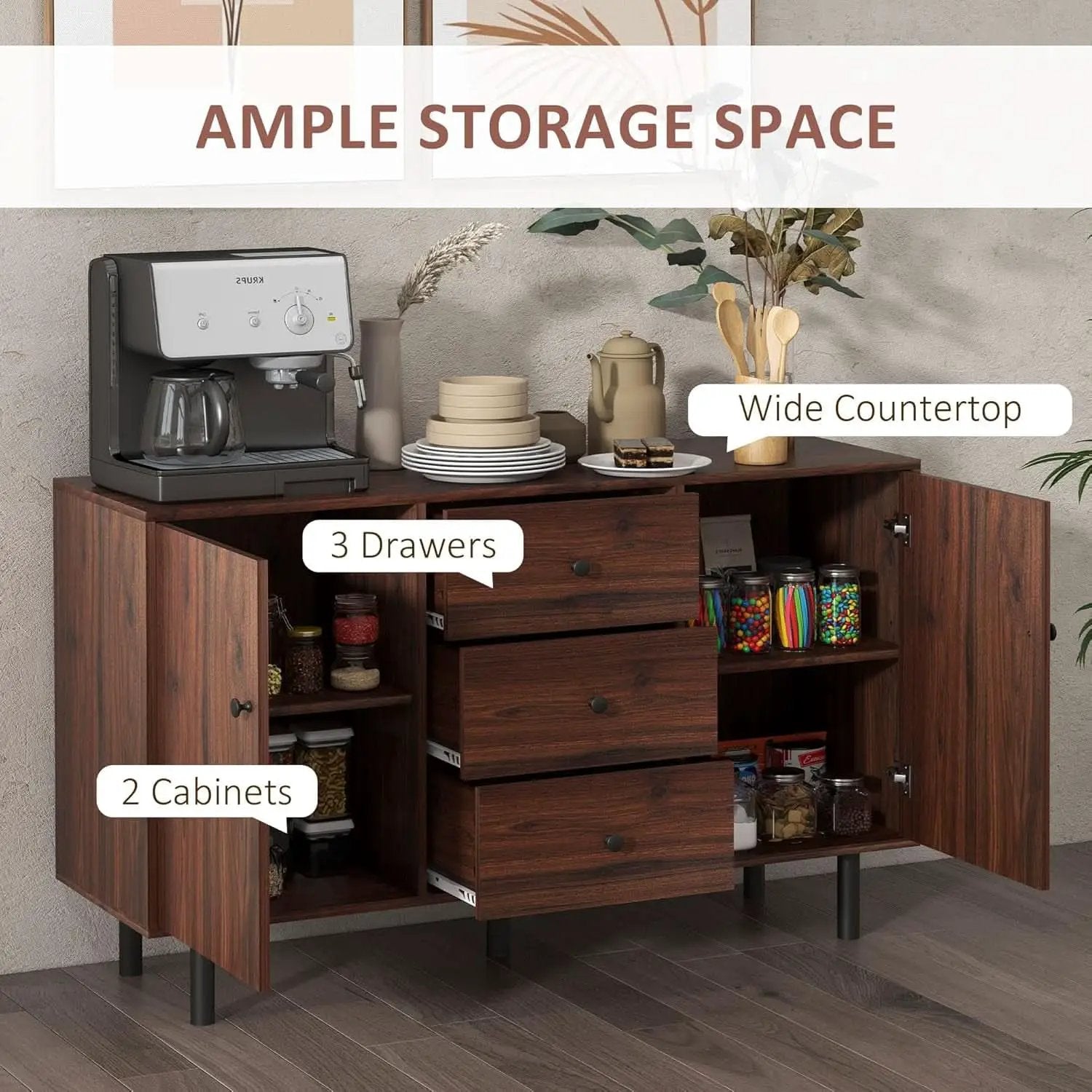 Rustic Brown Sideboard Buffet Cabinet With Three Drawers from PriceLows™