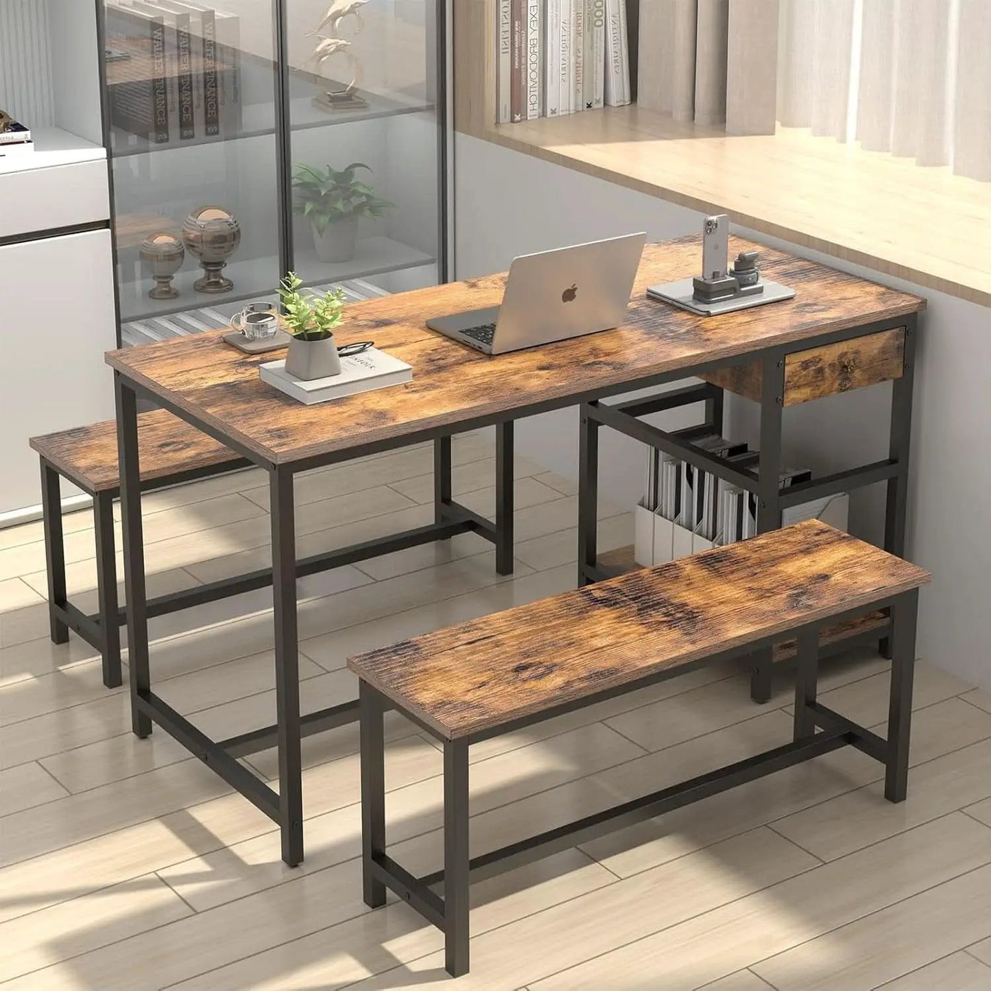 Rustic Dining Table Set For 4 To 6 With Storage Drawer from PriceLows™