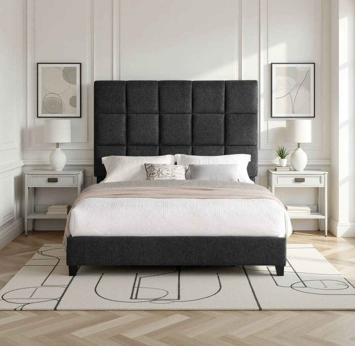 Squares Upholstered Headboard Platform Bed | Laminated Veneer Lumber | CNC-Cut Plywood Frame | 60 Inch Height
