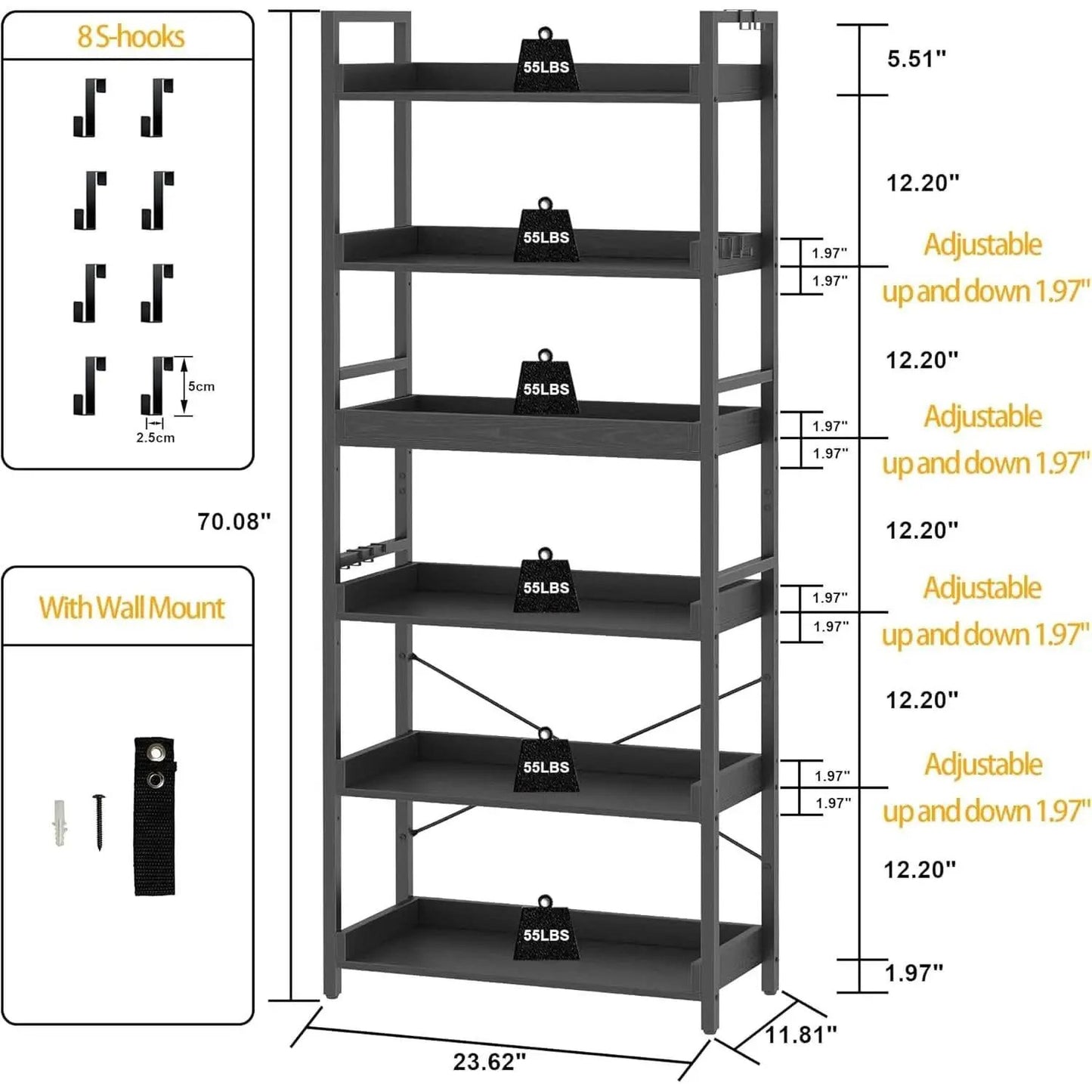 Adjustable Industrial Bookshelf 70 Inch Black Metal from PriceLows™