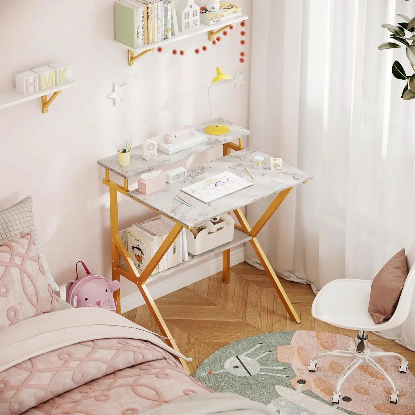 27.5 Inch Computer Desk With Monitor Stand And Storage White Marble Gold Leg from PriceLows™