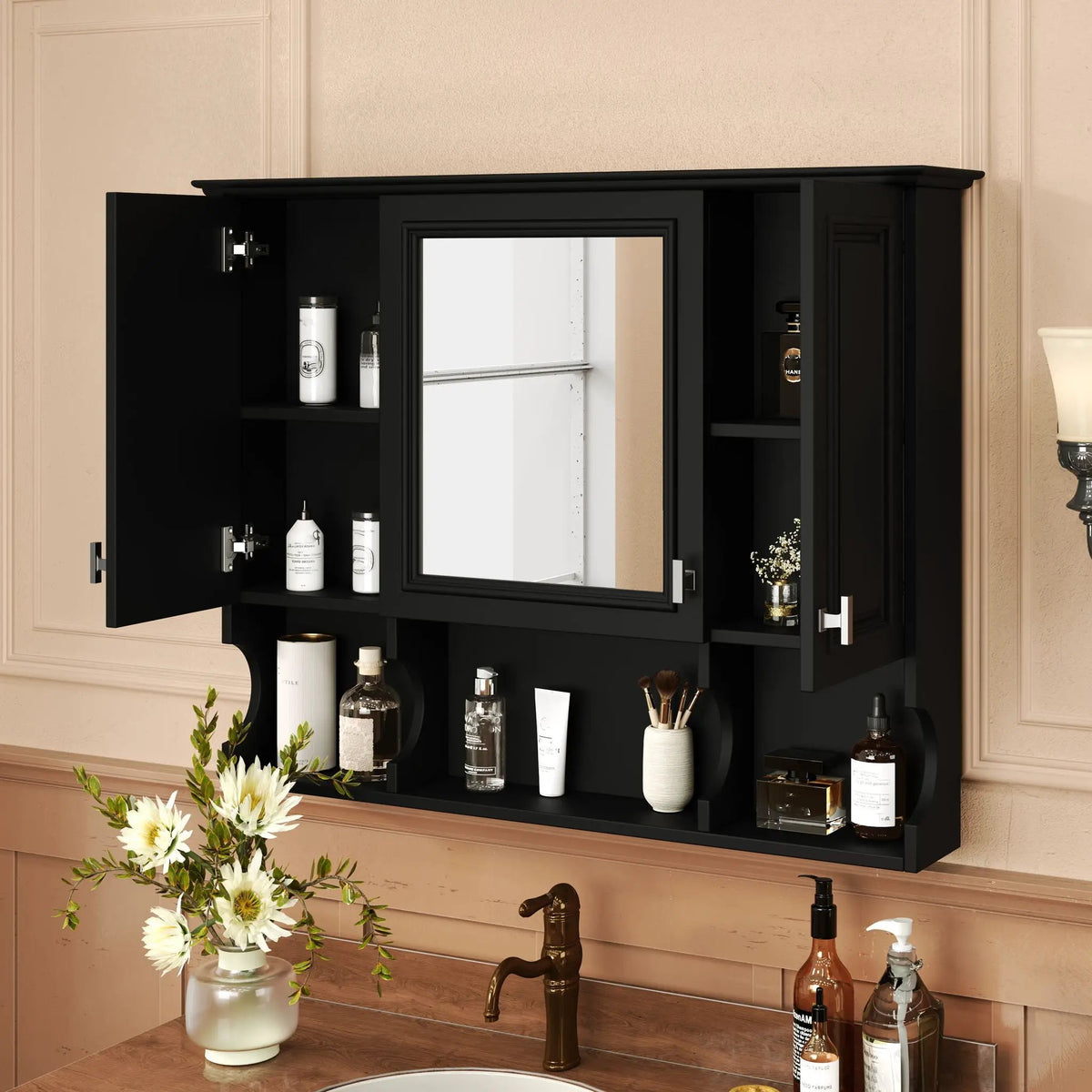 Wall Mounted Medicine Cabinet | Mirror | Open Shelves | 35 Inch Width