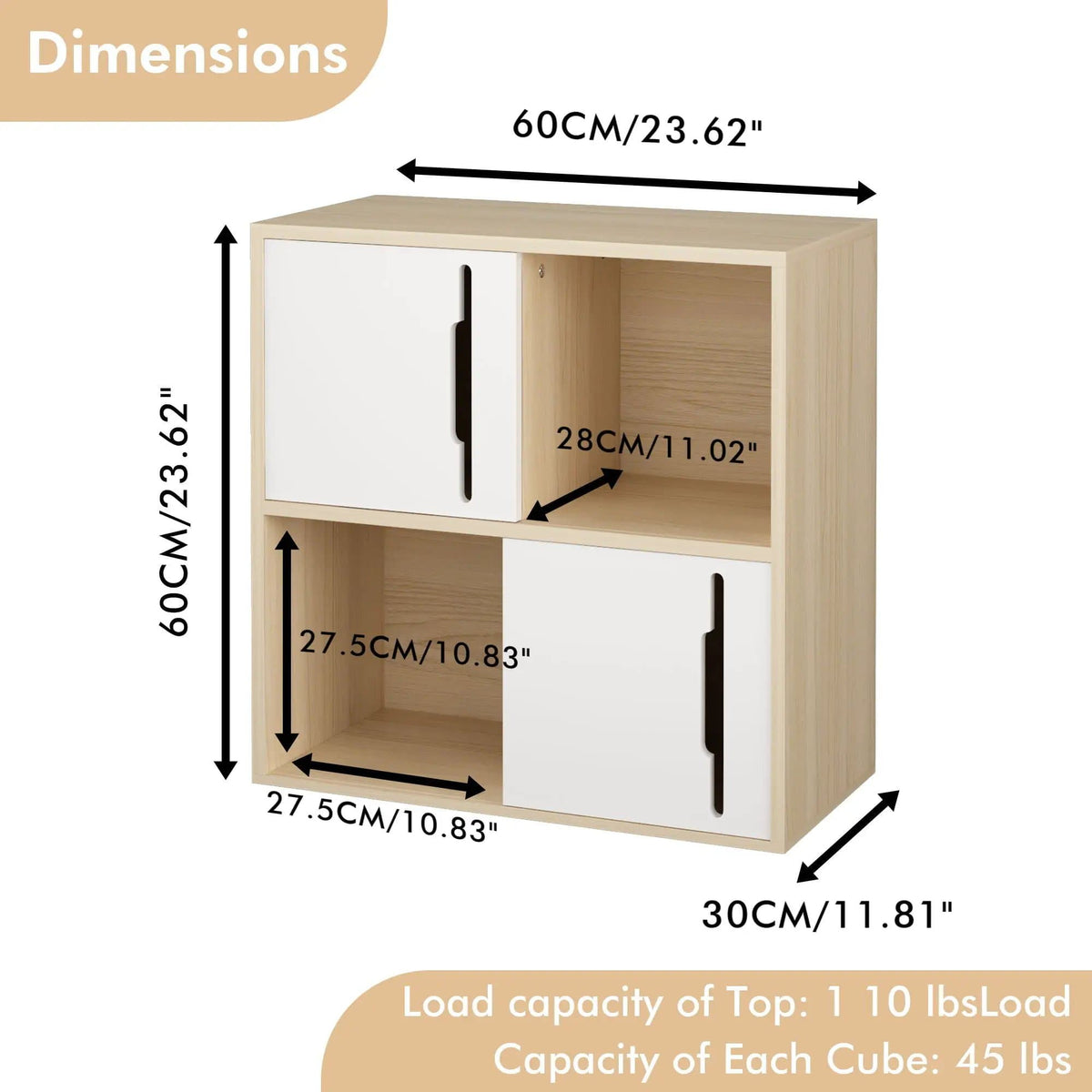 Storage Cabinet With Sliding Doors, 2 Tier Open And Closed Shelves Organizer Natural | 23.62 x 11.81 x 23.62 in | Mdf & Wood | White