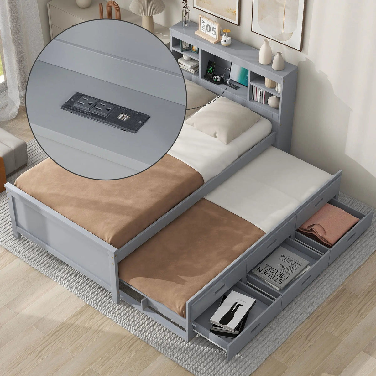 Platform Bed | Storage Headboard | USB Ports | Twin Trundle