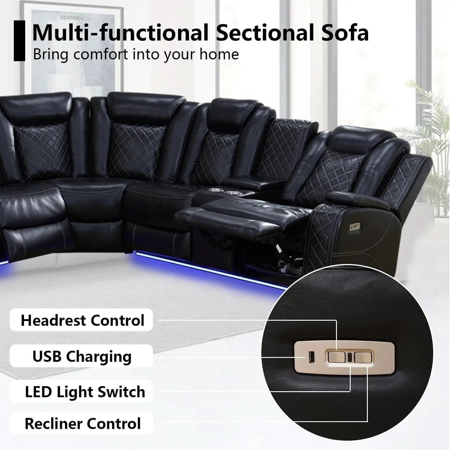 Black Leather Power Reclining Sectional Sofa Living Room from PriceLows™