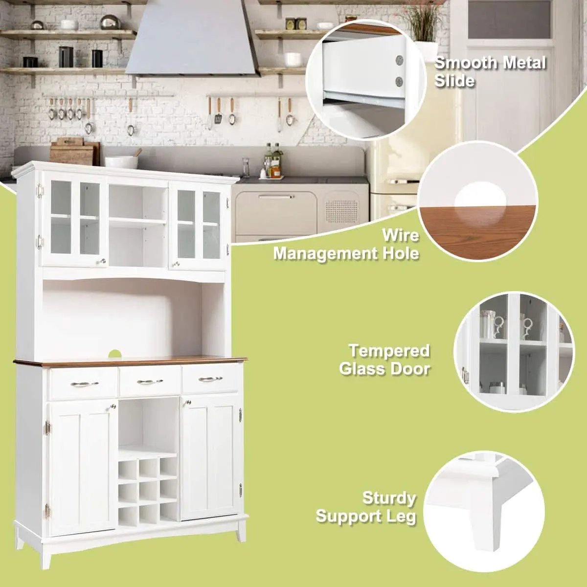White Kitchen Hutch Sideboard With Built In Wine Rack from PriceLows™