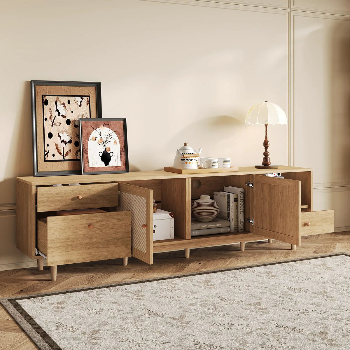 76 Inch TV Stand With Doors | Three Drawers | Two Cabinets | Natural Rattan Doors