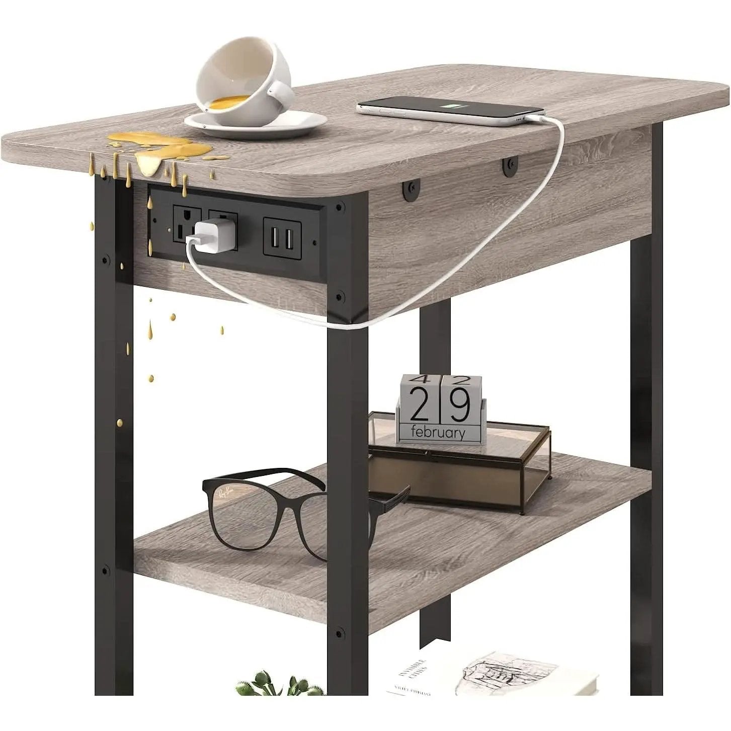 End Table With Vertical Charging Station And USB Outlets Greige from PriceLows™