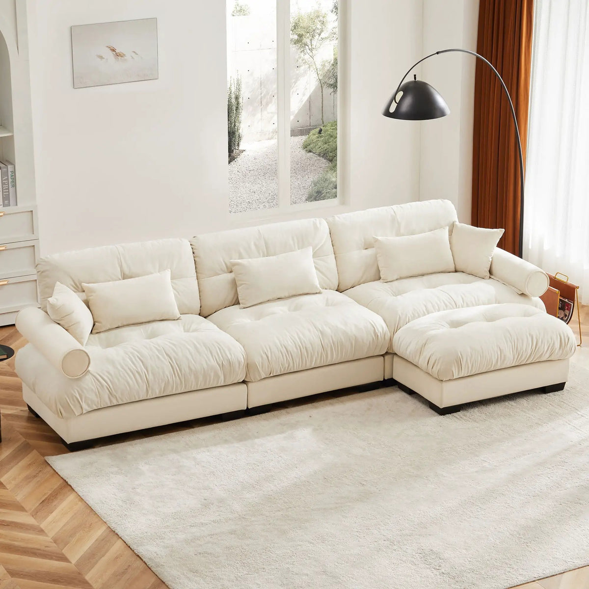 Modular Sectional Sofa | Deep Comfort Cushions | Vintage Fabric Ottoman