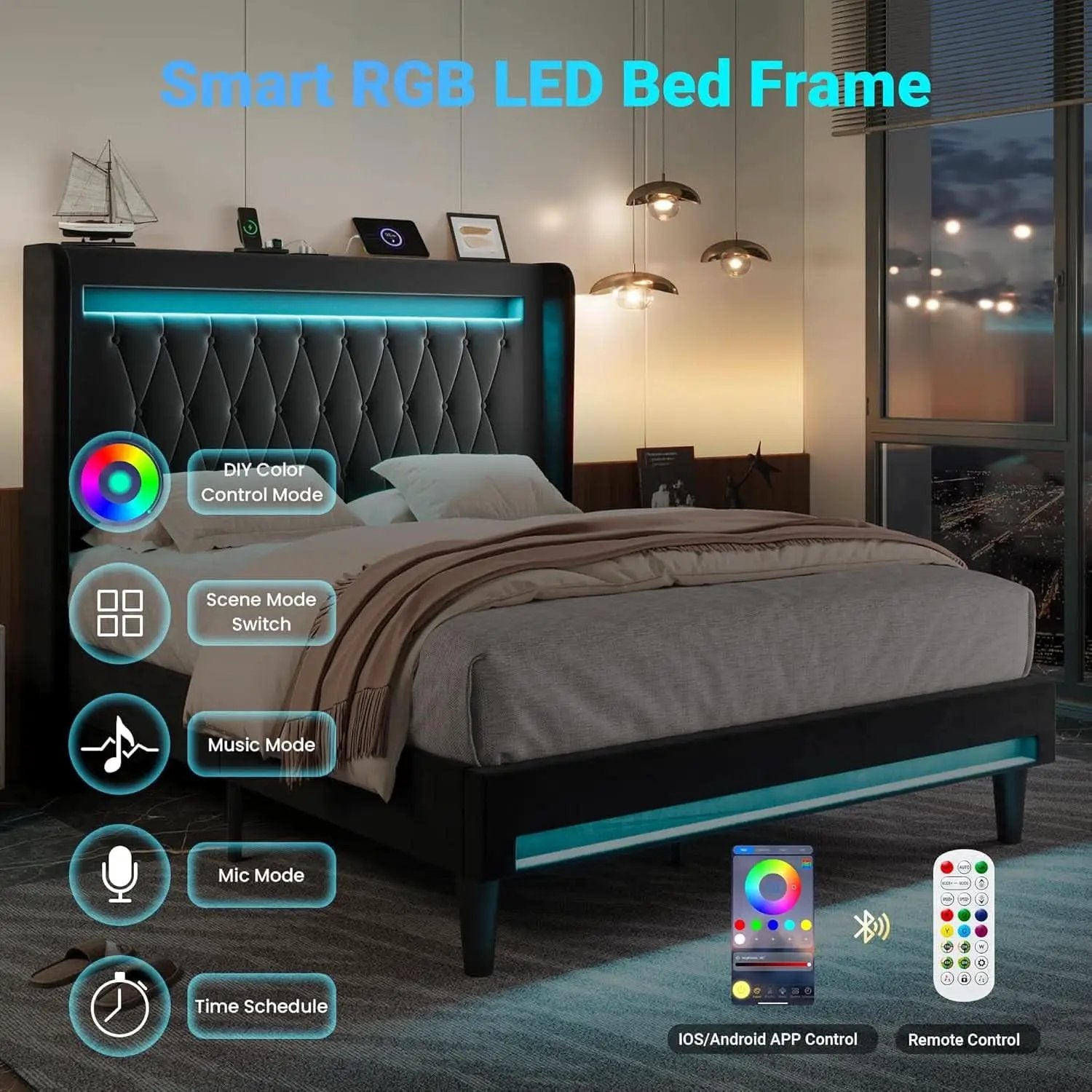 Full Size Bed Frame LED Lighting And USB Charging Black from PriceLows™