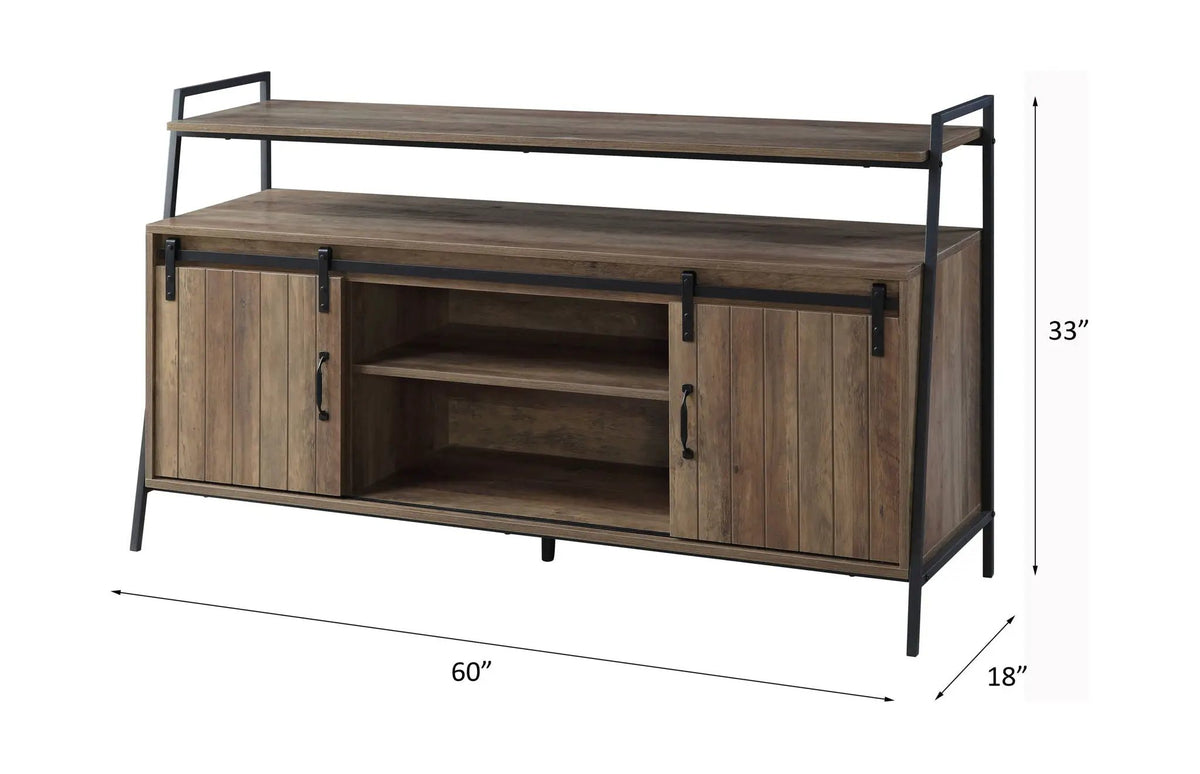 Rashawn Rustic TV Stand | Sliding Barn Doors | Oak Finish | Metal Frame And Composite Wood