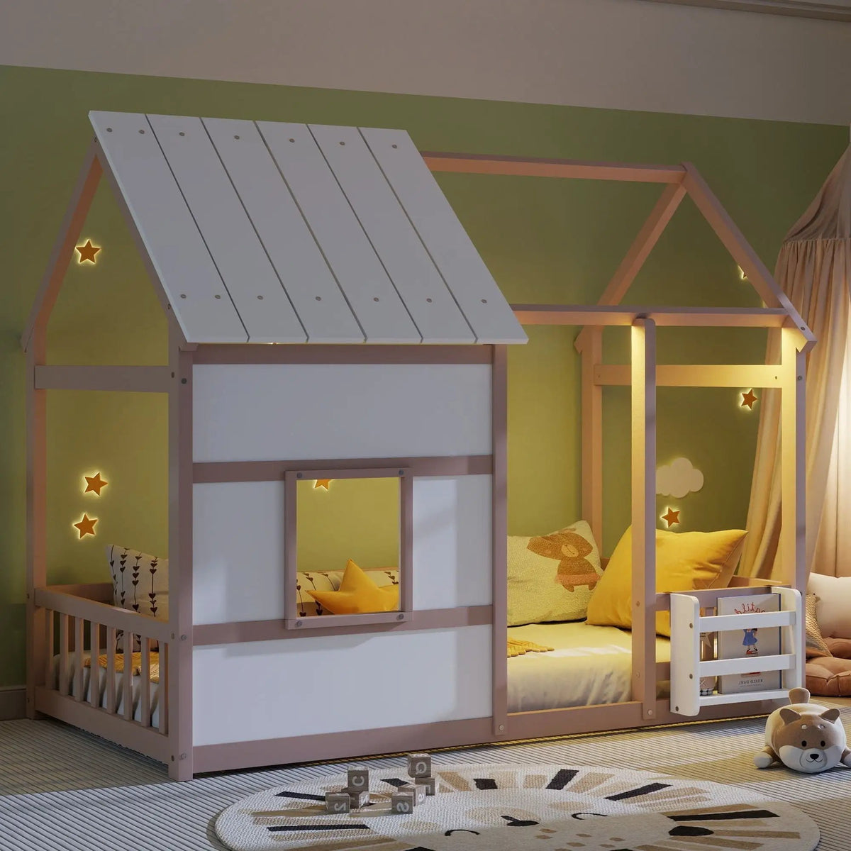 House Floor Bed | 7 Color LED Lights | Built In Bookshelf