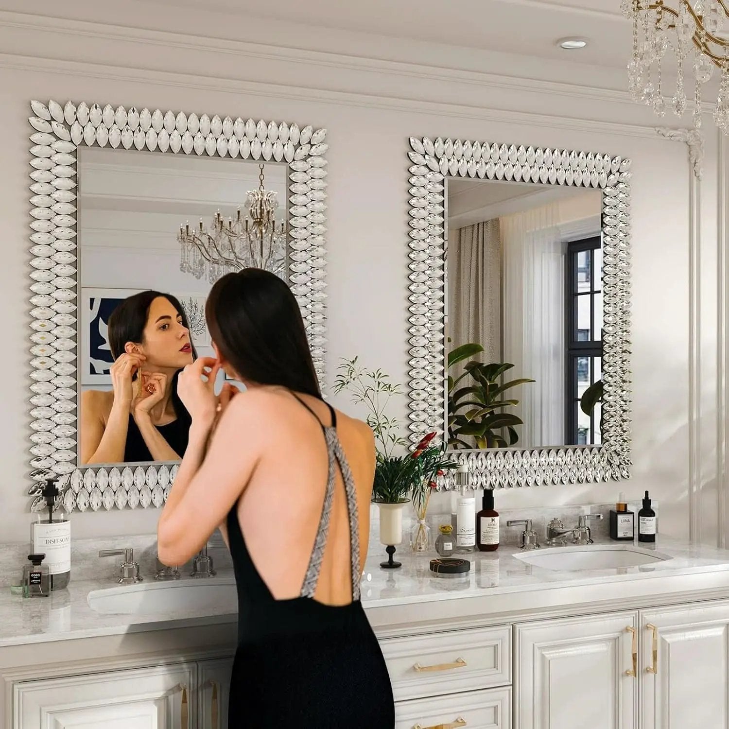 30X40 Inches Jeweled Bathroom Wall Mirror Large Rectangle Vanity Decor from PriceLows™