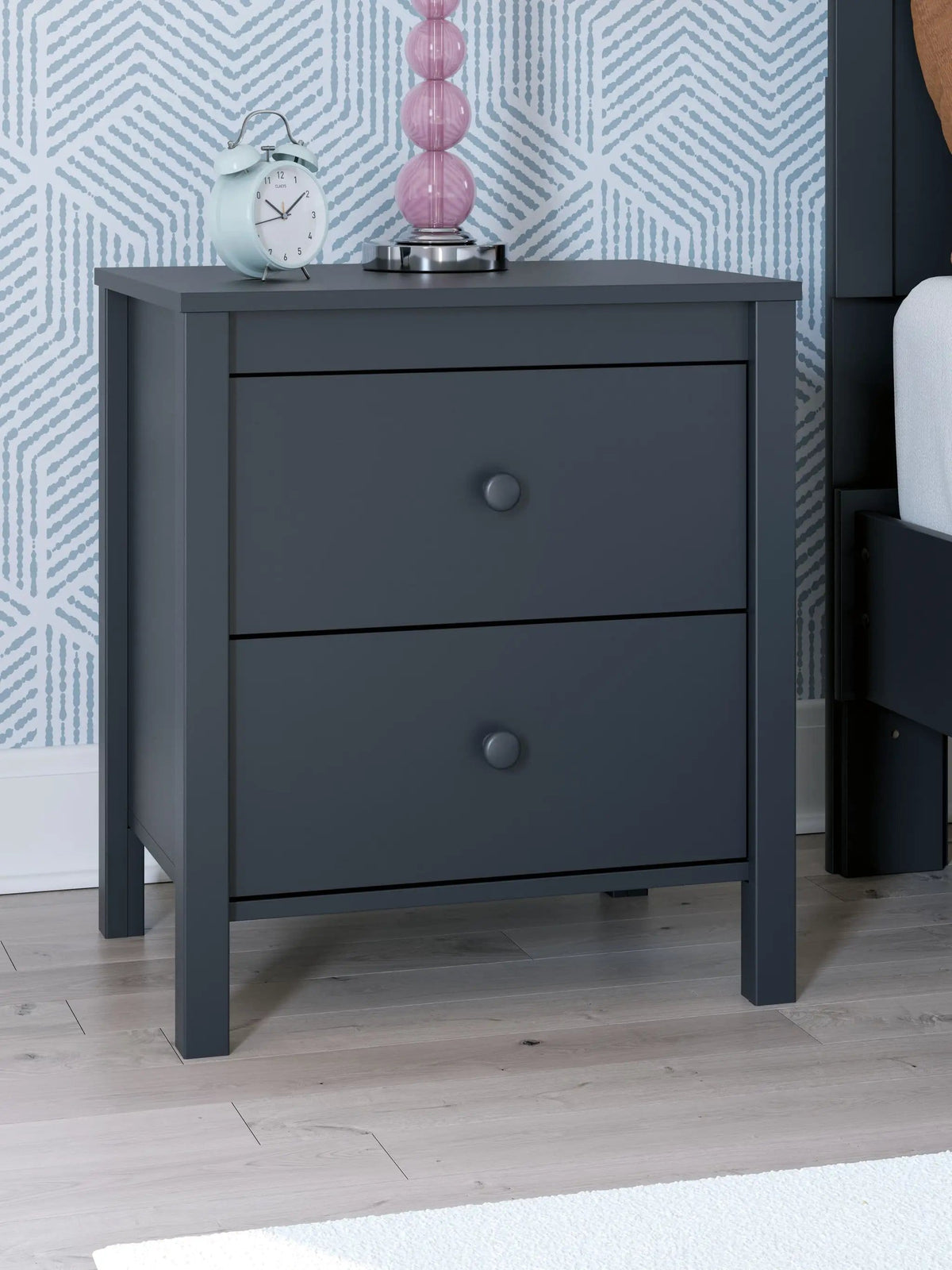 Simmenfort Two Drawer Night Stand Nightstand | 21.34 x 15.94 x 24.37 in | Engineered Wood & Mdf | Navy Blue