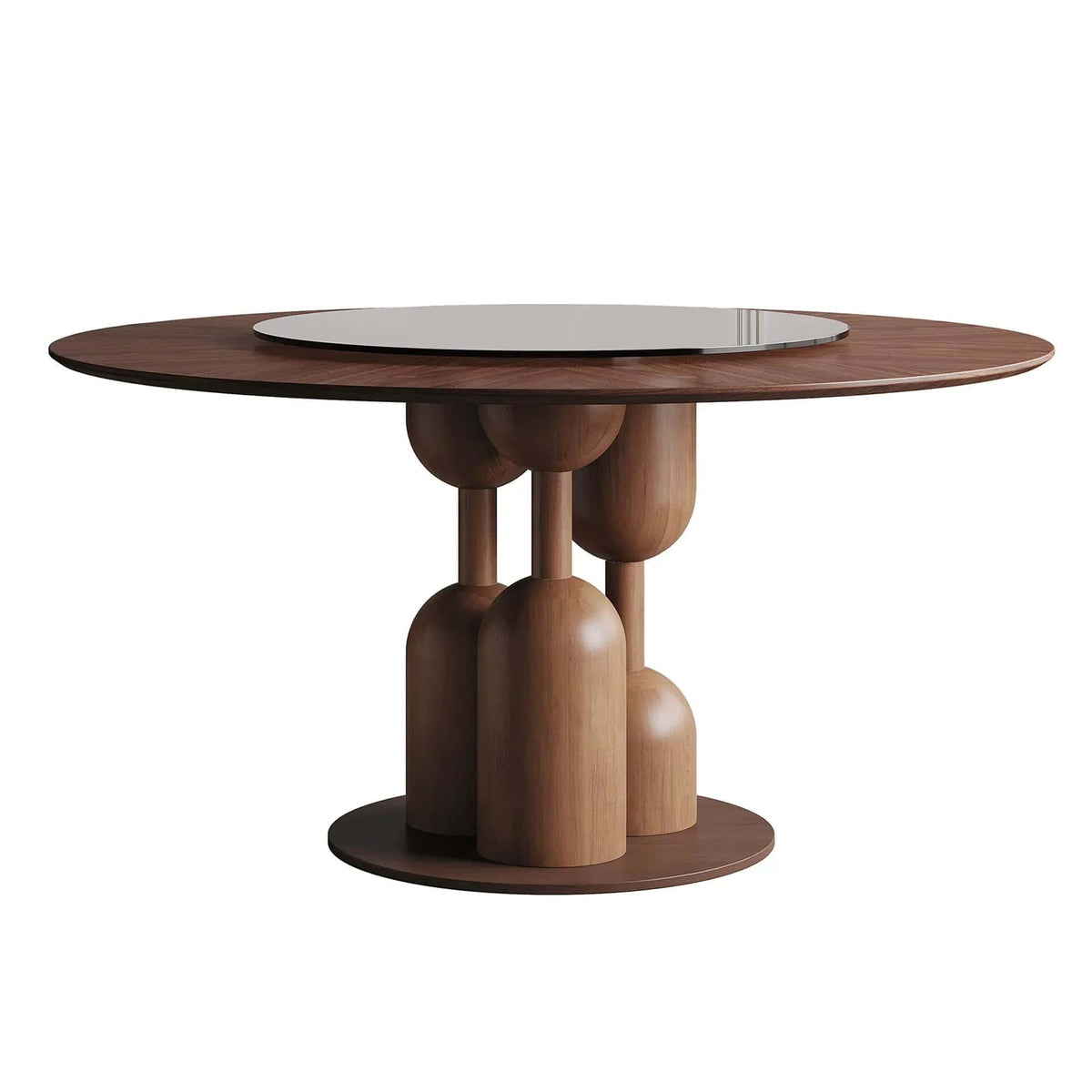 Round Dining Table With Lazy Susan For Living Room - | 59 x 59 x 29.5 in | Walnut & Wood | Walnut