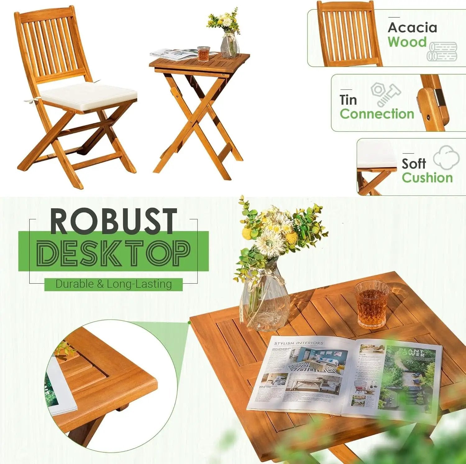 3 Piece Patio Folding Bistro Set With 2 Cushions Acacia Wood Outdoor Furniture For Pool And Garden from PriceLows™