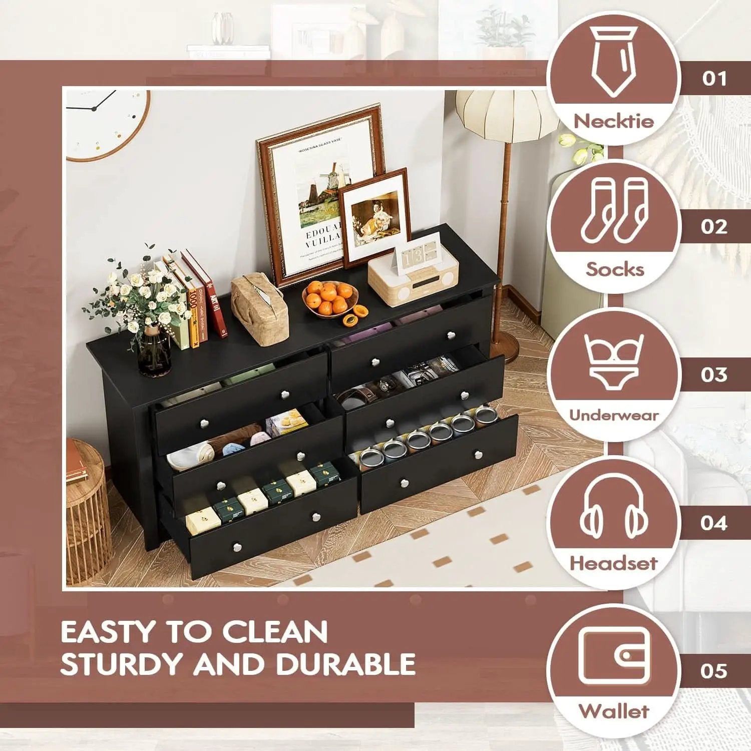 Solid Wood Black Dresser With Six Drawers Contemporary from PriceLows™