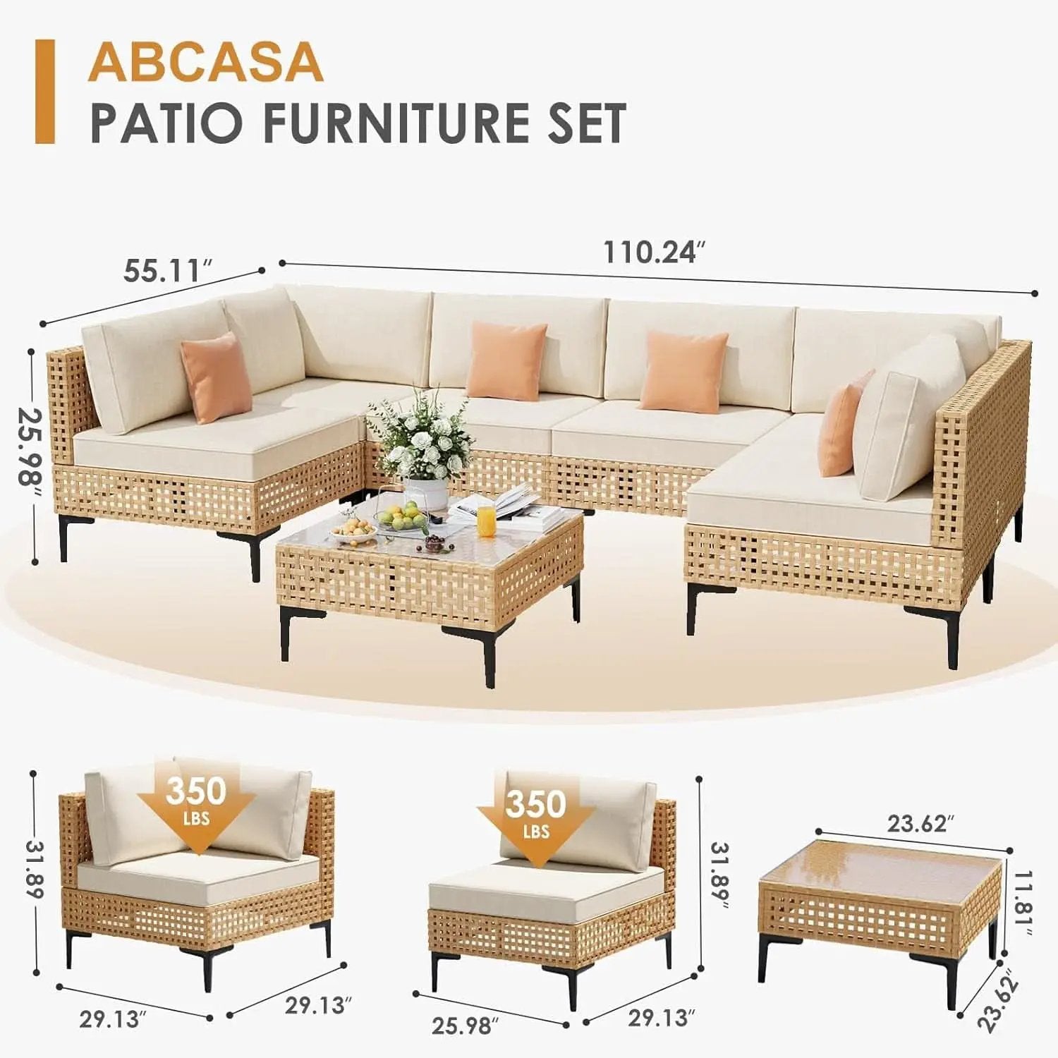 110 Inch Large 7 Piece Wicker Outdoor Patio Set Beige Cushions from PriceLows™