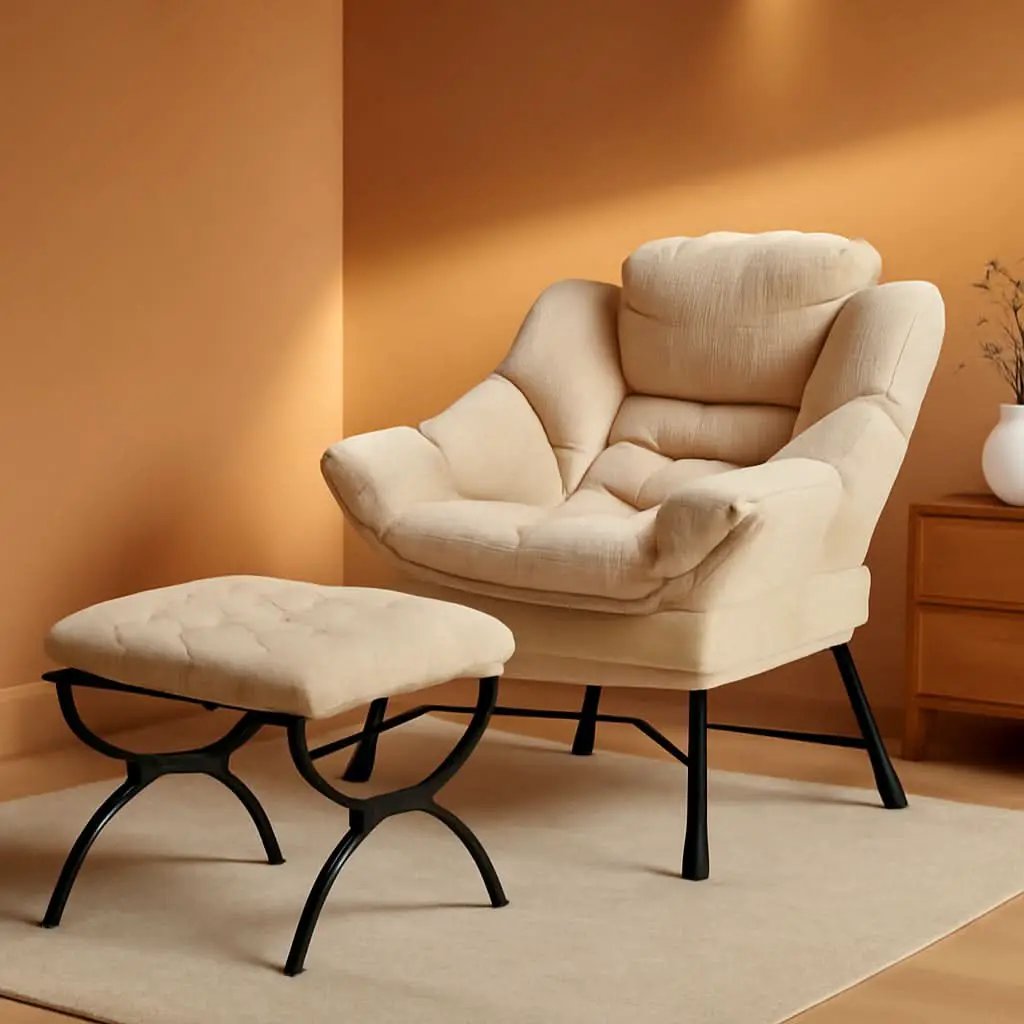 Oversized White Corduroy Reading Chair With Ottoman from PriceLows™