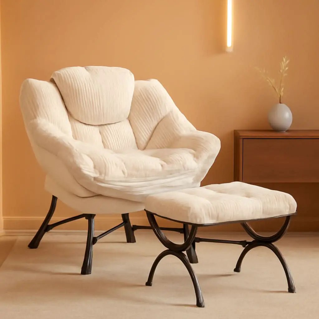 Large Corduroy White Armchair With Ottoman Footrest from PriceLows™
