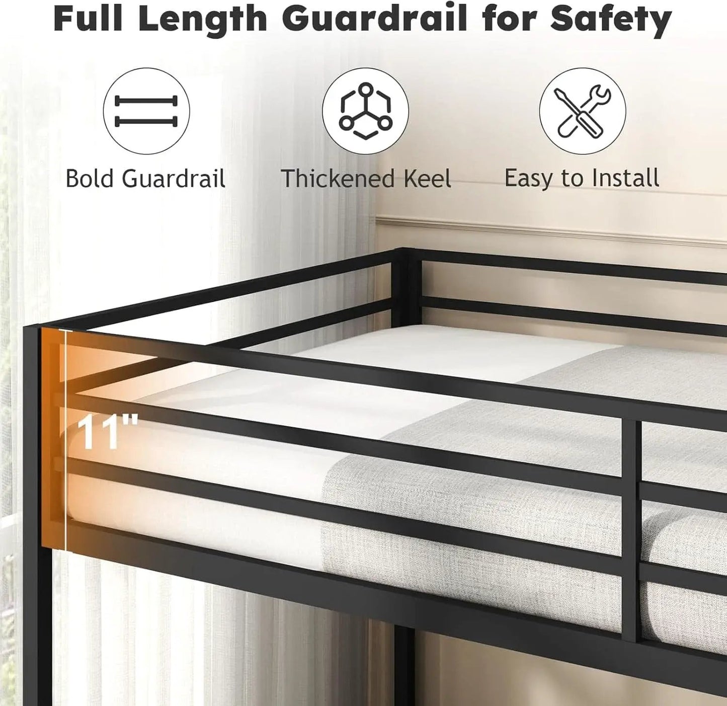 Twin Over Twin Metal Low Profile Bunk Bed With Guardrails And Ladder Black from PriceLows™