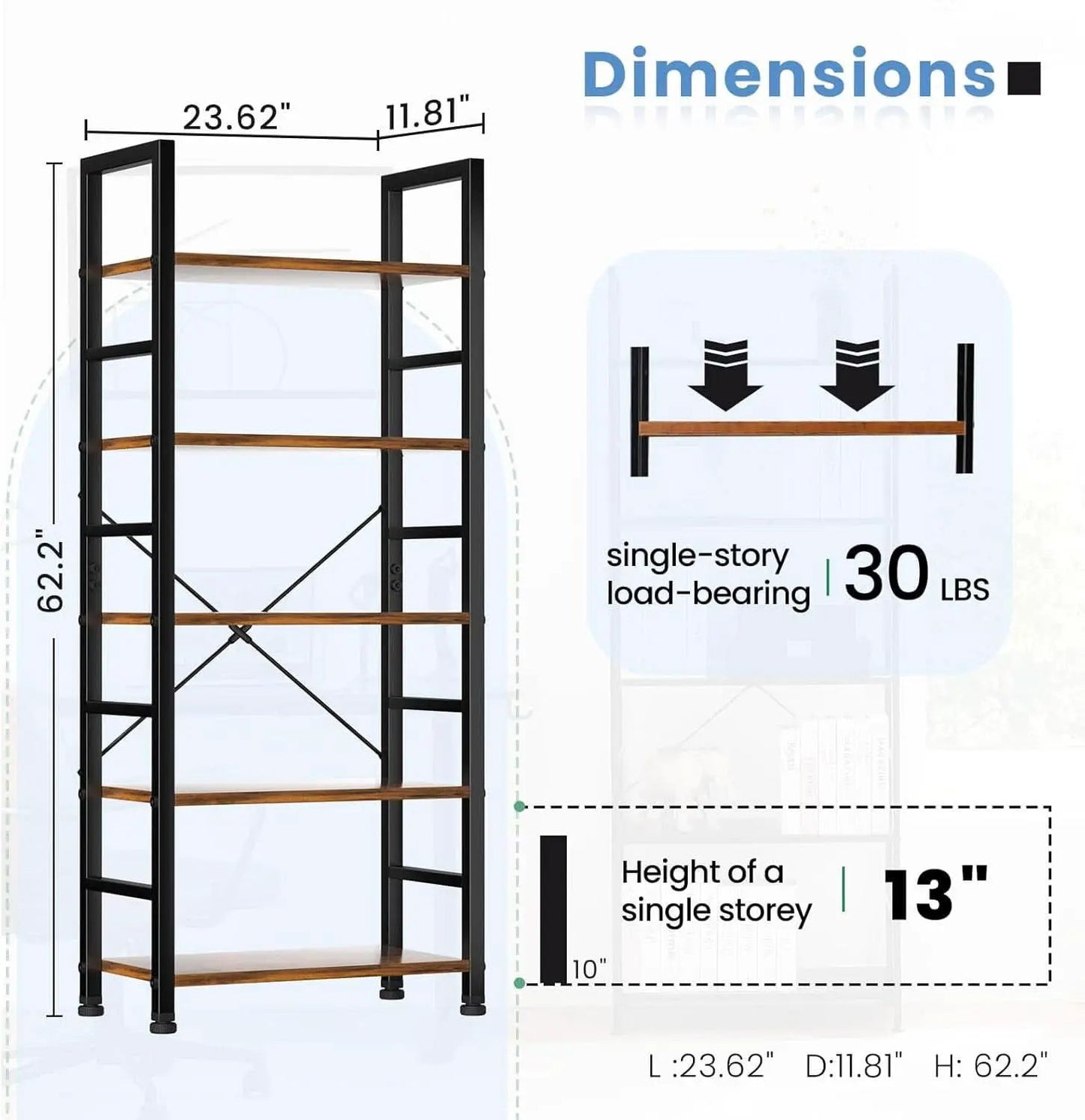 Rustic Brown Five Tier Bookshelf Narrow Space Saver from PriceLows™