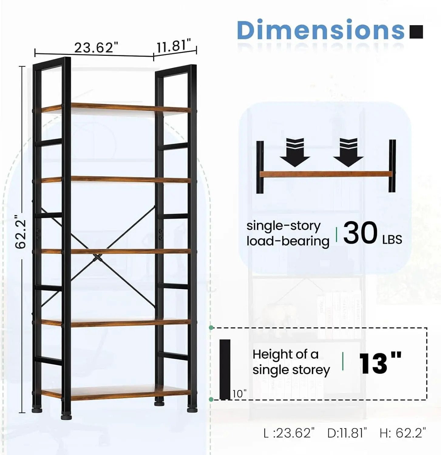 Rustic Brown Five Tier Bookshelf Narrow Space Saver from PriceLows™