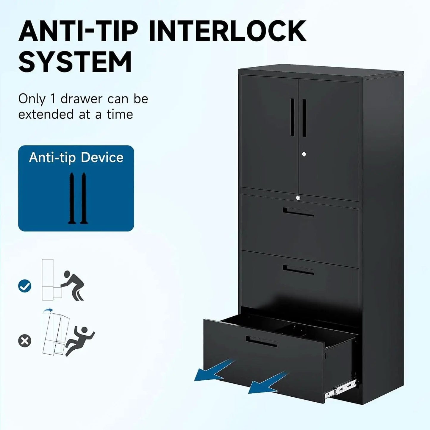 Three Drawer Metal File Cabinet Locking With Storage Shelves Black For Legal Letter A4 Documents from PriceLows™