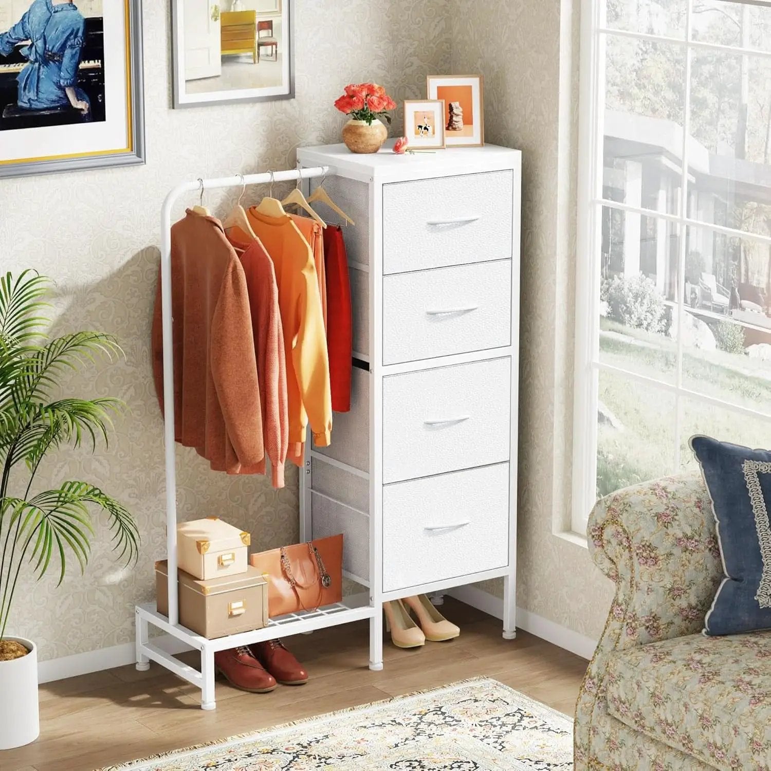 Dresser With Hanging Rack 4 Drawer White 44 Inch Tall from PriceLows™