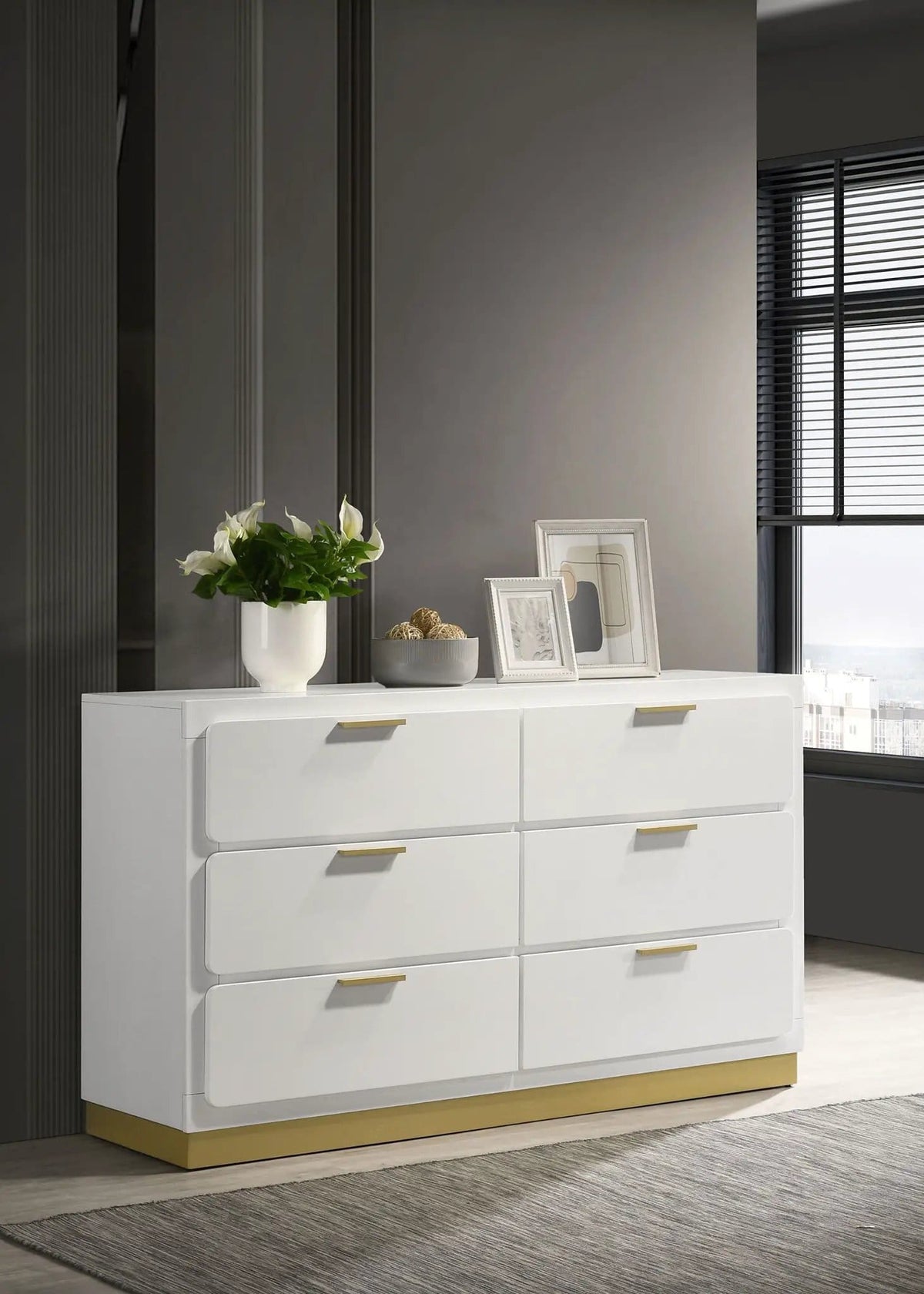 Caraway 6-drawer Dresser | 59 x 17.25 x 34.75 in | Rubberwood & Engineered Wood | White