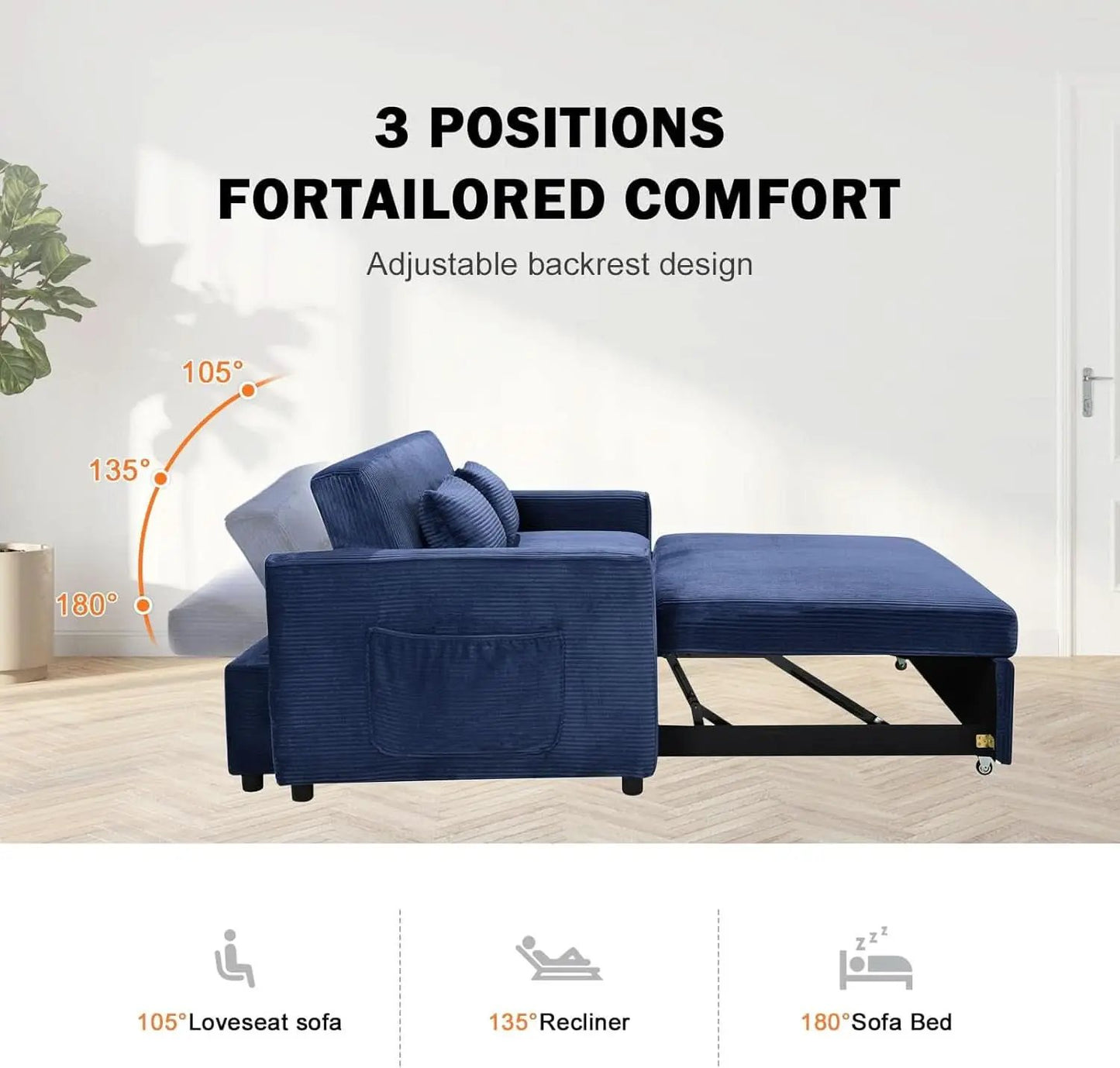 Navy Corduroy Convertible Sleeper Sofa Bed Pockets from PriceLows™
