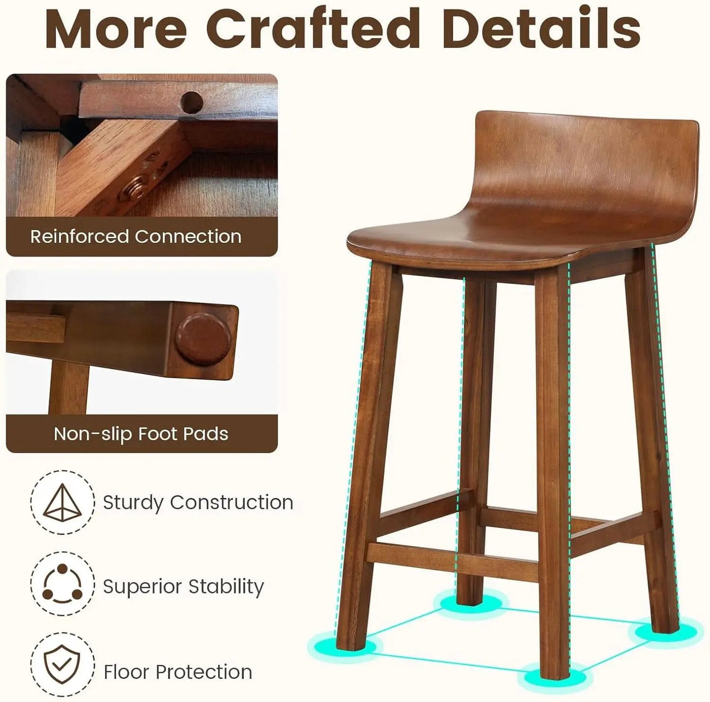 24.5 Inch Counter Height Farmhouse Wooden Bar Stool Set Of 2 With Brown Footrest And Low Back from PriceLows™