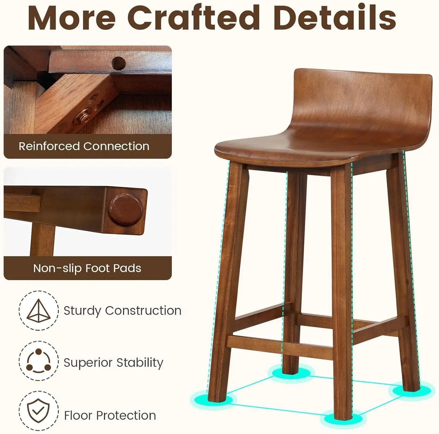 24.5 Inch Counter Height Farmhouse Wooden Bar Stool Set Of 2 With Brown Footrest And Low Back from PriceLows™