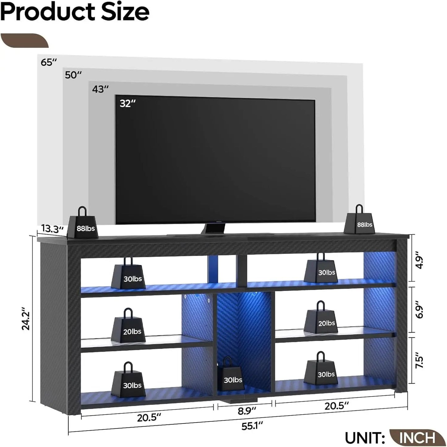 LED Tall TV Stand For 55-65 TV With Adjustable Shelves from PriceLows™