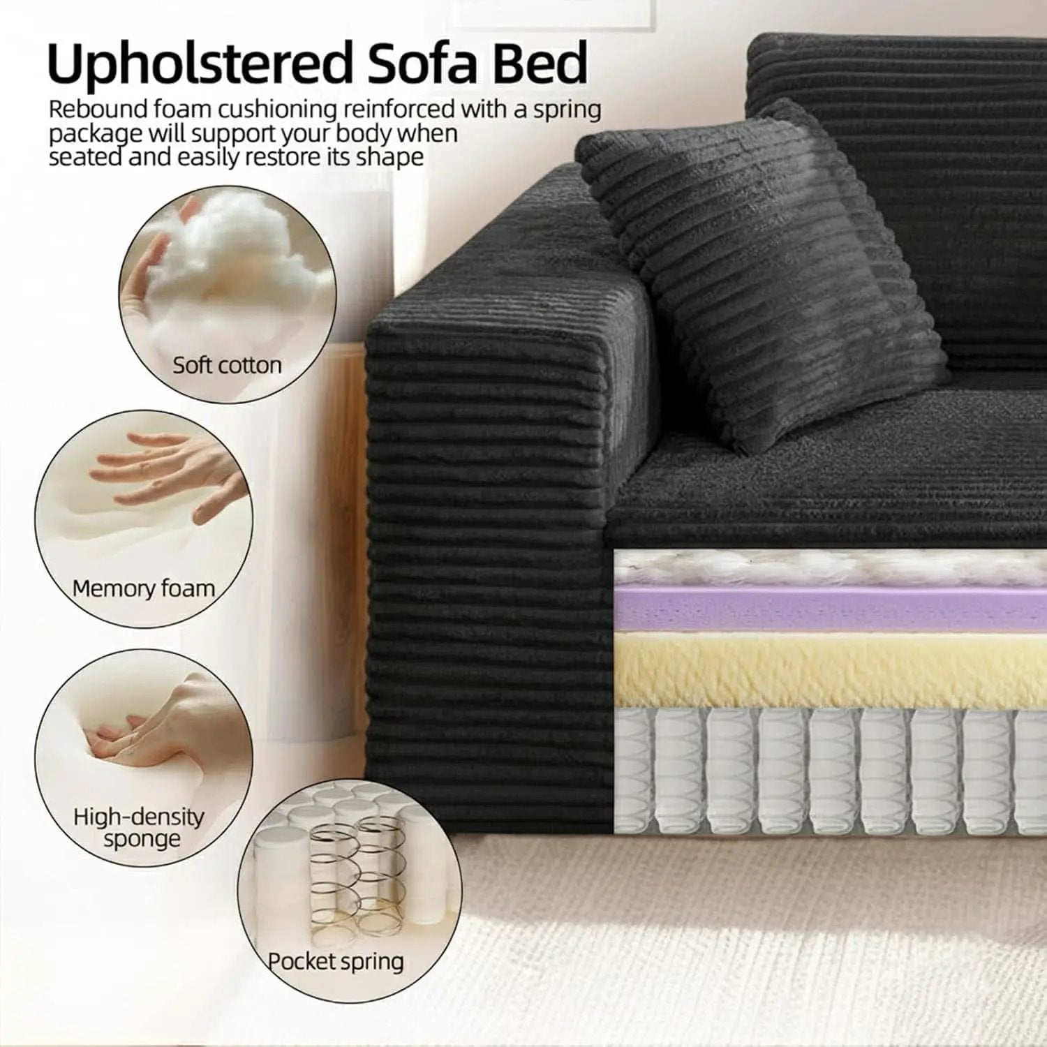 3-Seater Corduroy Sleeper Sofa No Assembly Lounge from PriceLows™