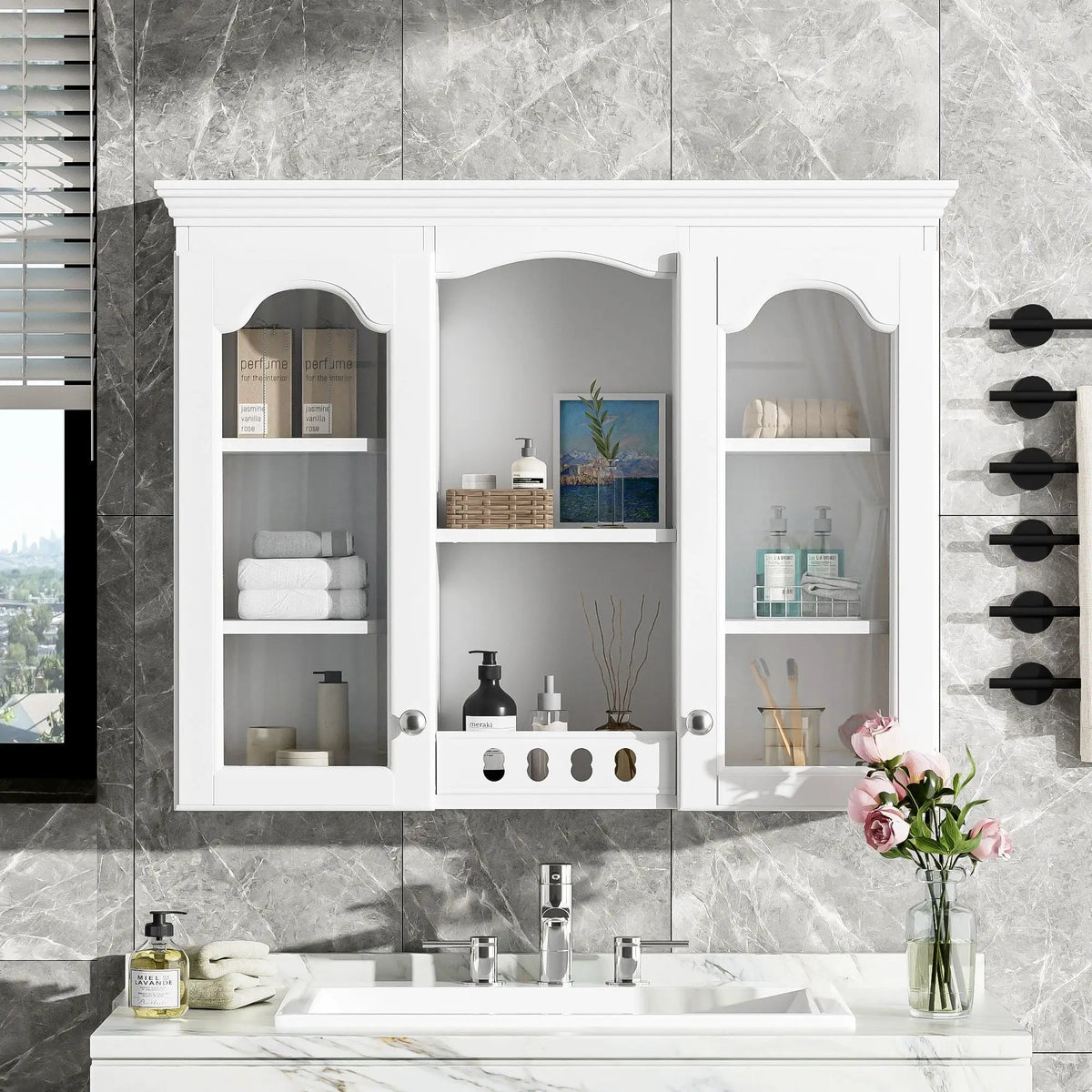 Wall-Mounted Medicine Cabinet | 2 Glass Doors | Adjustable Shelves | White