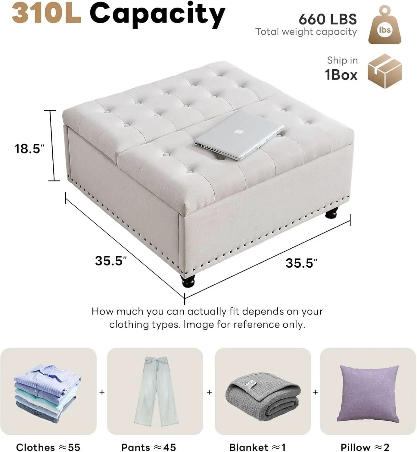 Beige Oversized Storage Ottoman Featuring Lift Top from PriceLows™