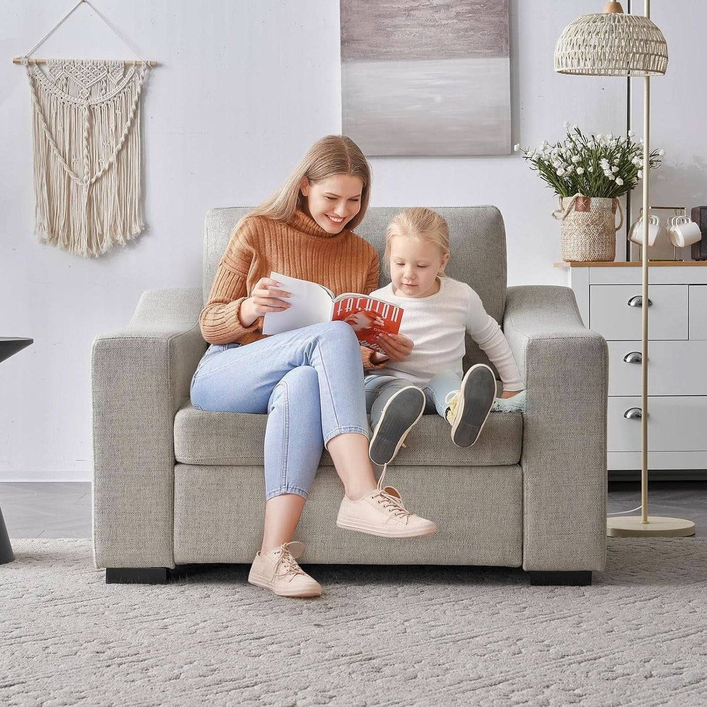 47 Inch Linen Fabric Armchair Pair Oversized Oatmeal from PriceLows™