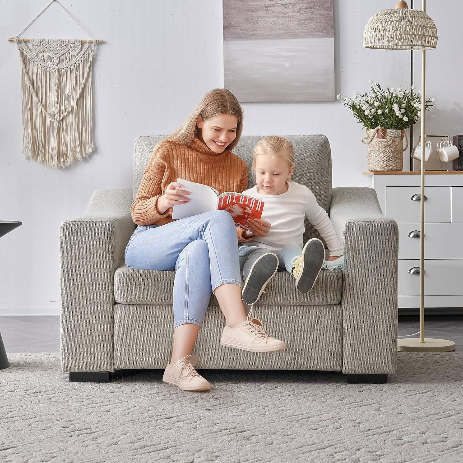 47 Inch Linen Fabric Armchair Pair Oversized Oatmeal from PriceLows™