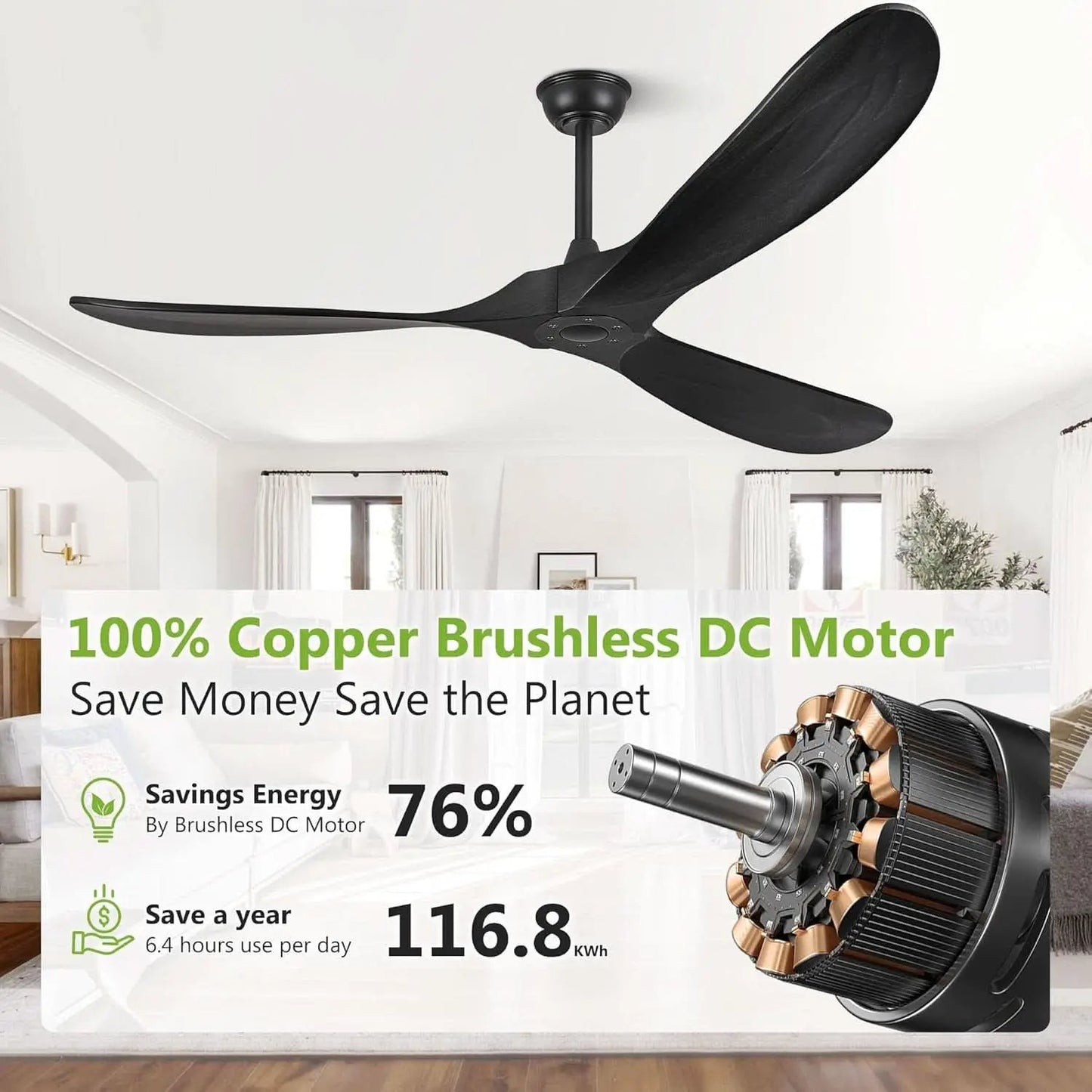52 Inch Matte Black Ceiling Fan With Remote Walnut Blades from PriceLows™
