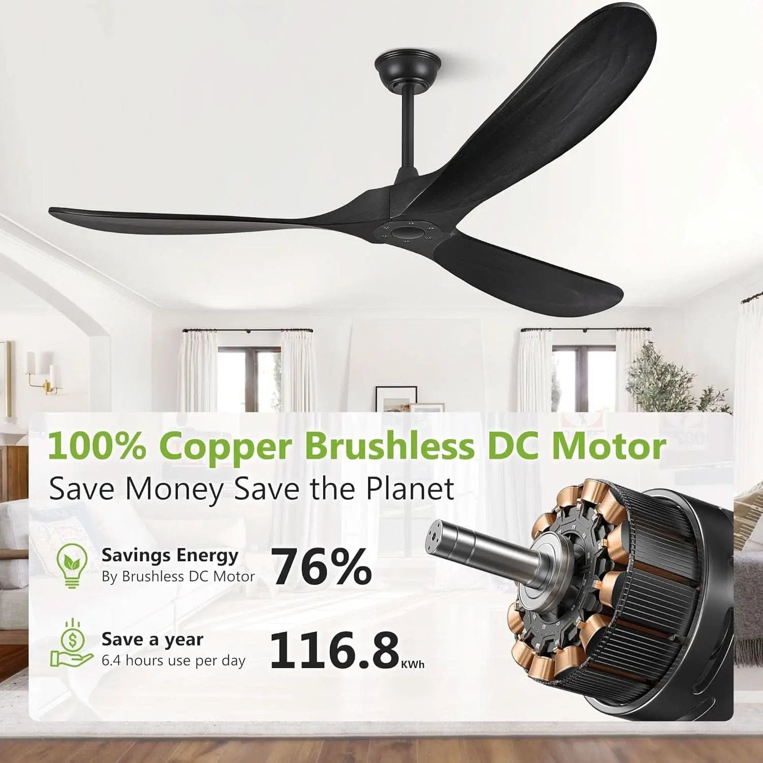52 Inch Matte Black Ceiling Fan With Remote Walnut Blades from PriceLows™