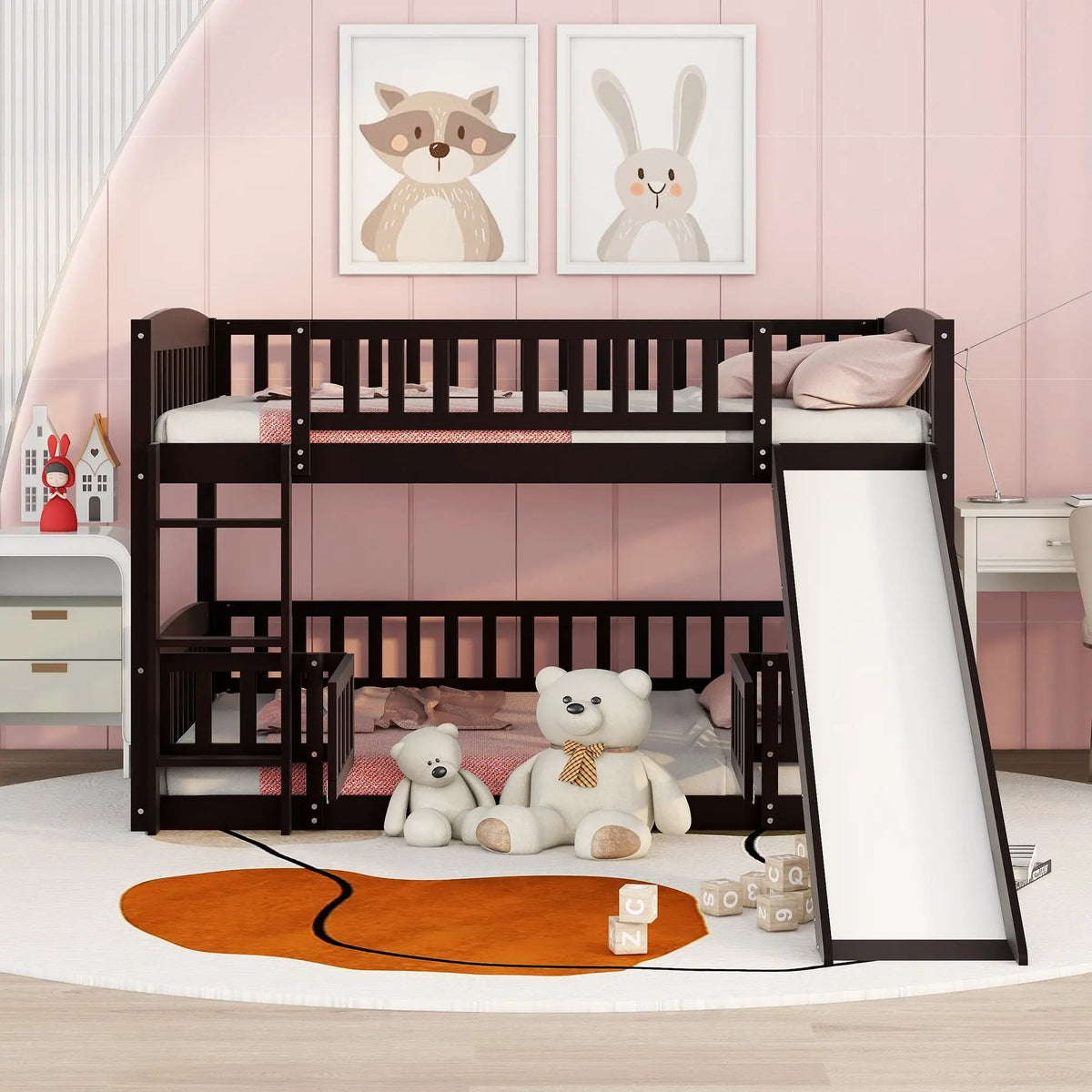 Low Bunk Bed With Slide | Fence And Ladder | Built-In Play Area | Kids Bedroom