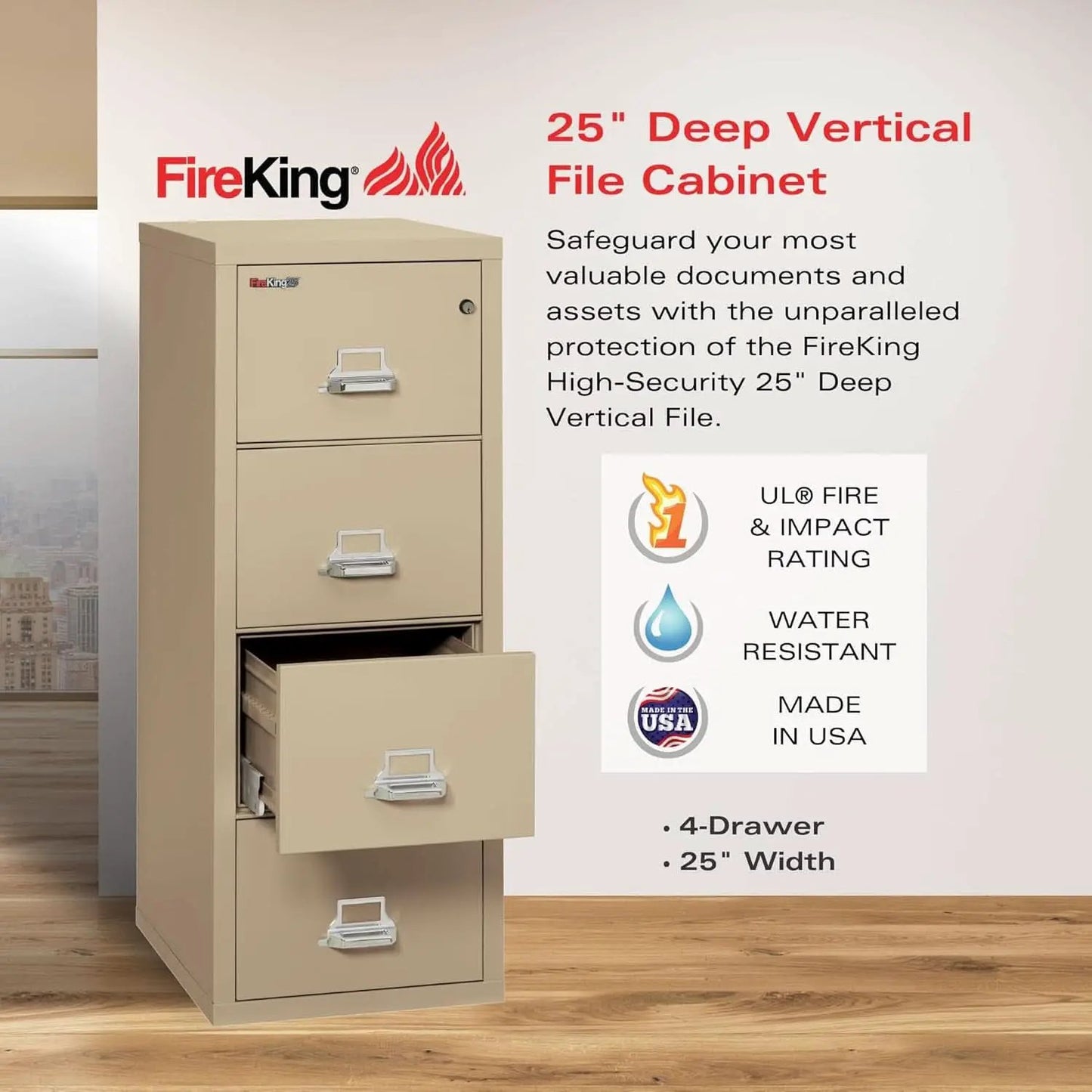 Vertical 4 Drawer Fire Rated File Cabinet Parchment Key Lock from PriceLows™